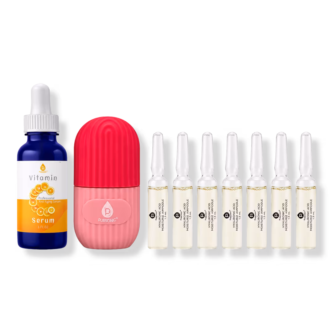 PURSONIC  Ice Cube Facial Roller, Vitamin C Serum and Hyaluronic Acid Ampoule Set