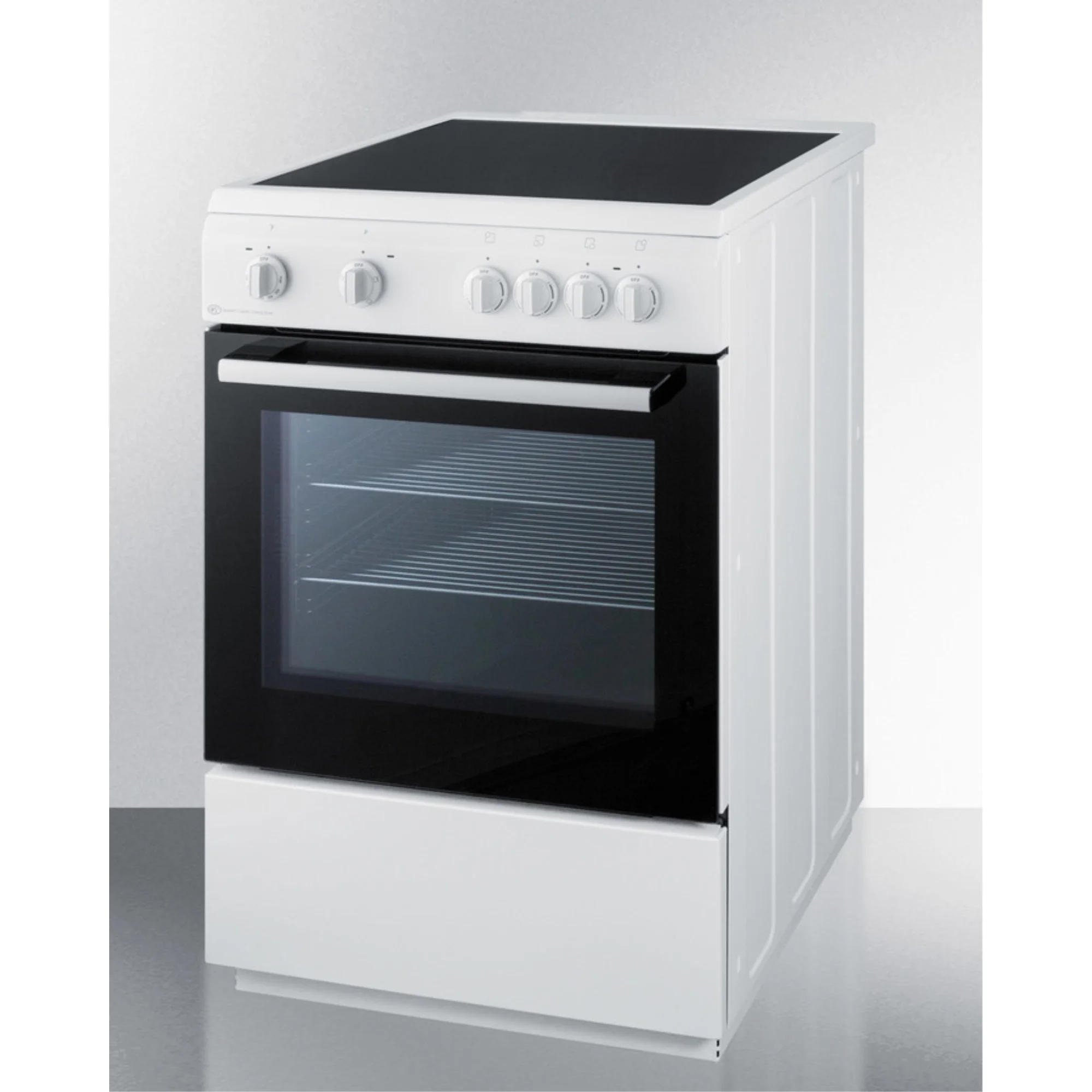 24" wide smooth top electric range in slide-in style and white finish, with storage drawer and large oven window in black glass