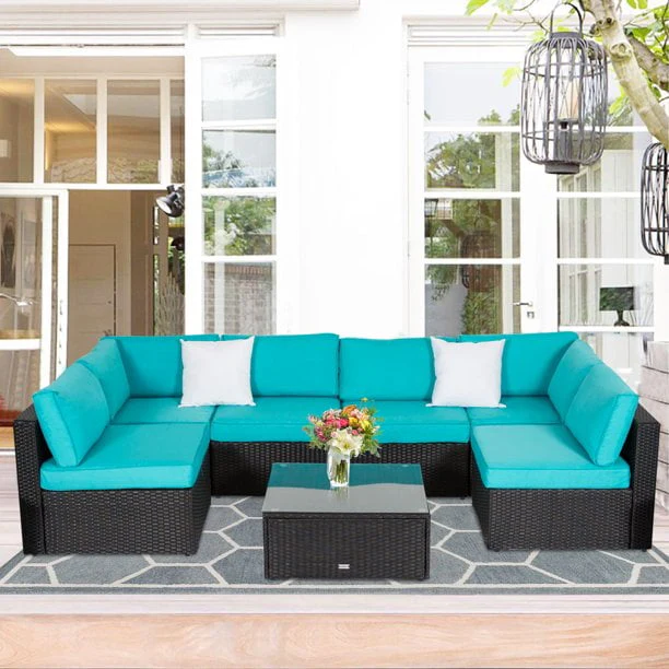Kinbor 7pcs Outdoor Patio Rattan Wicker Furniture Sectional Sofa Set with Gray Cushions
