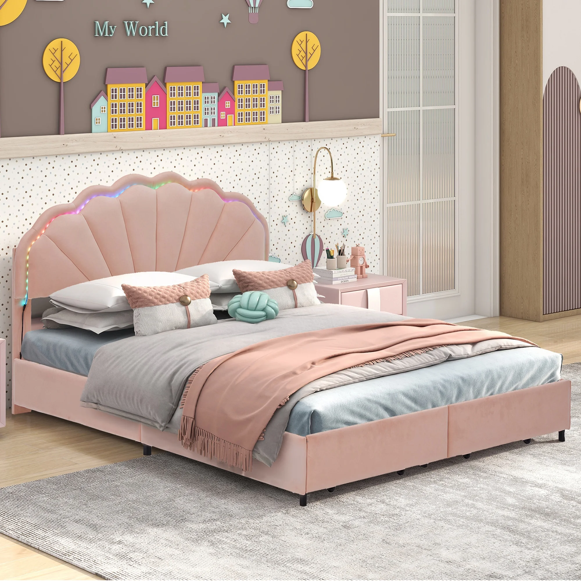 PORKISS Full Size LED Bed Frame with Drawers, Velvet Upholstered Bed, Princess Platform Bed with Chic Double Petal Headboard for Adults Teens, Pink