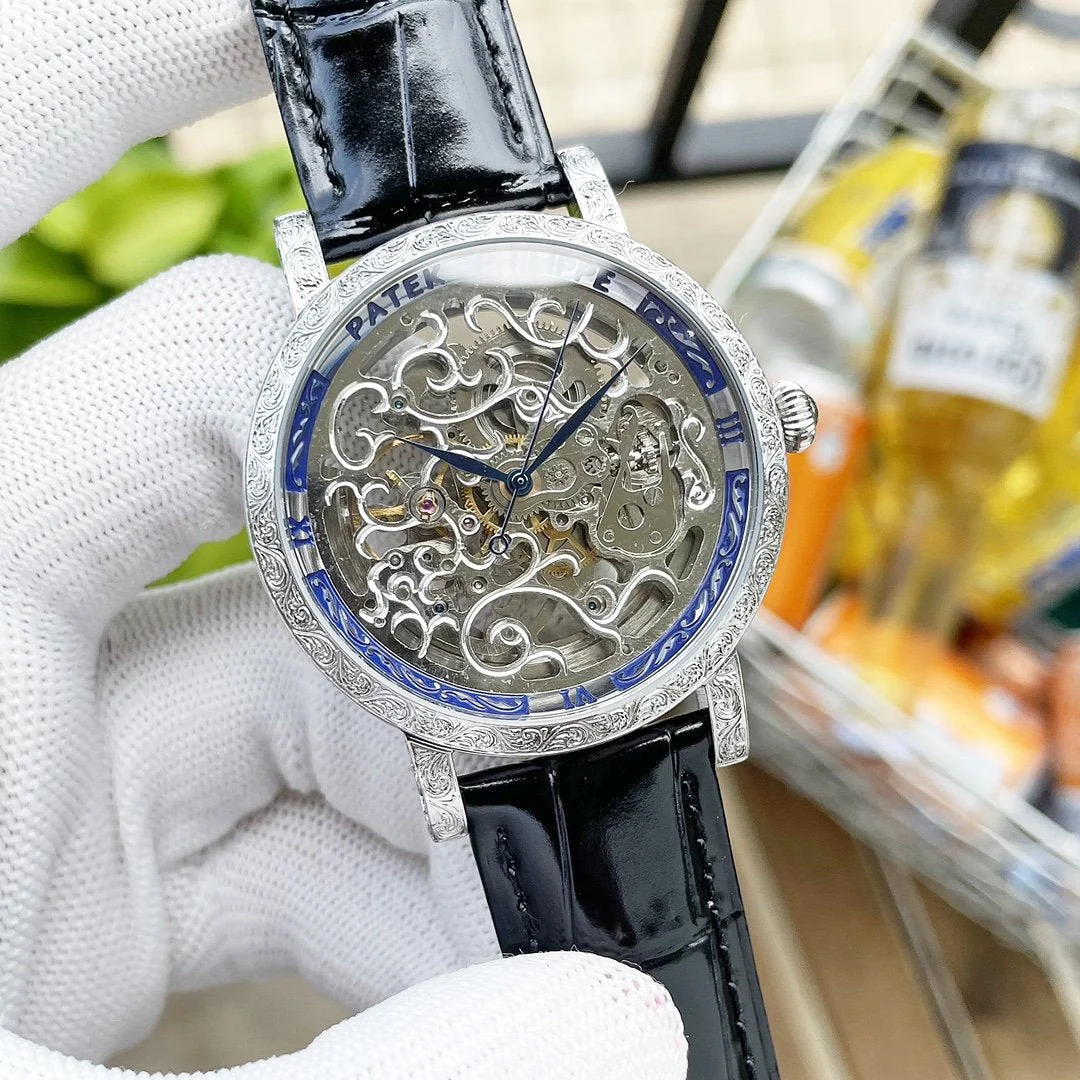 Patek Watch CALATRAVA SKELETON ENGRAVED HAND LEATHER STRAP Watch