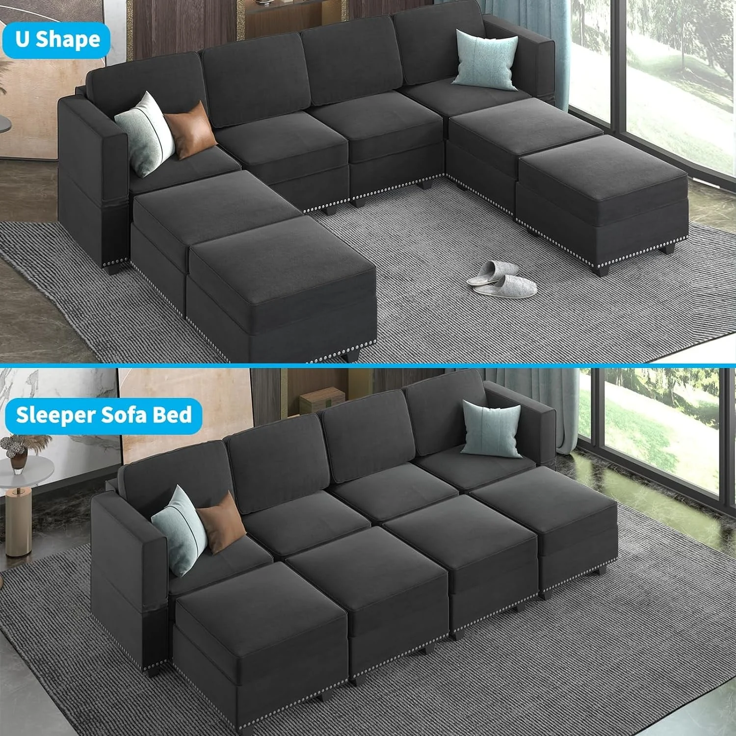 Mjkone Modular Sectional Sofa with Adjustable Armrest and Backrest for Living Room，U/L  Shaped Couch 8 Seater Convertible Sectional Couch with Storage Ottoman for Living Room,Dark Grey