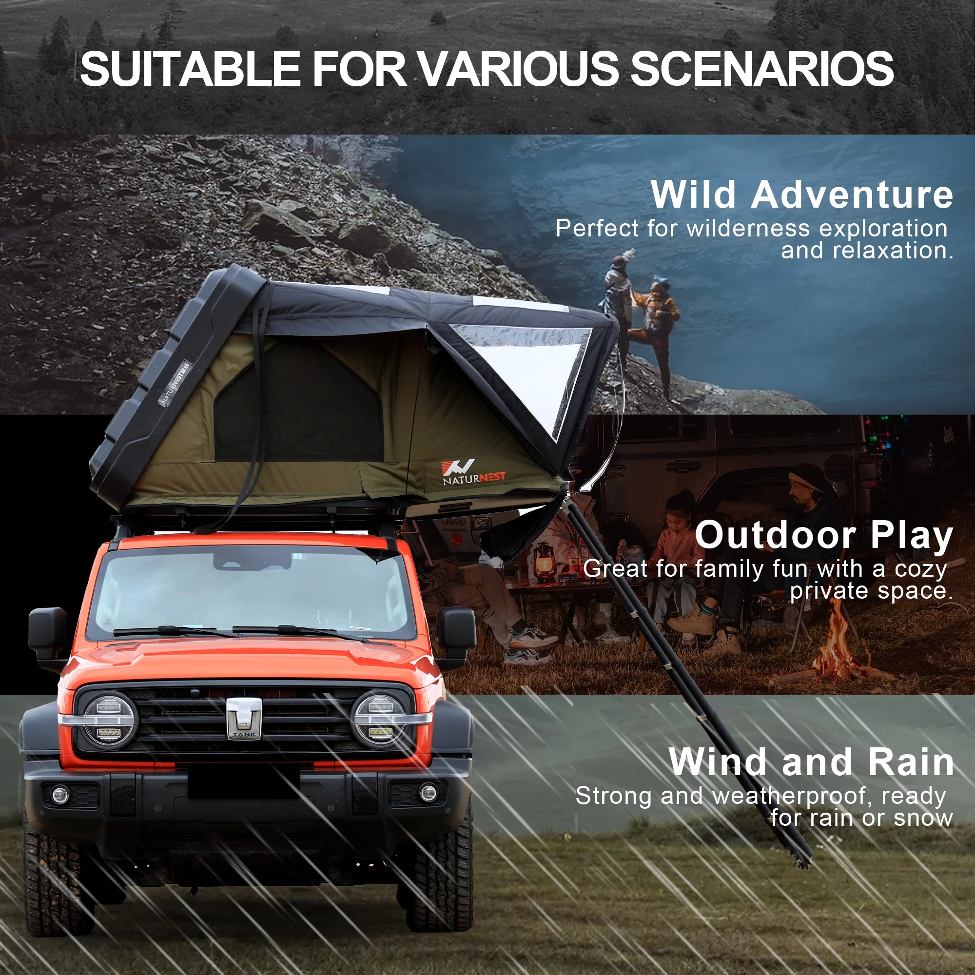 Naturnest Rooftop Tent HardShell with Luggage Rack,Camping Tent for Van Suv Truck Car Vehicle Outdoor, 2-3 Person