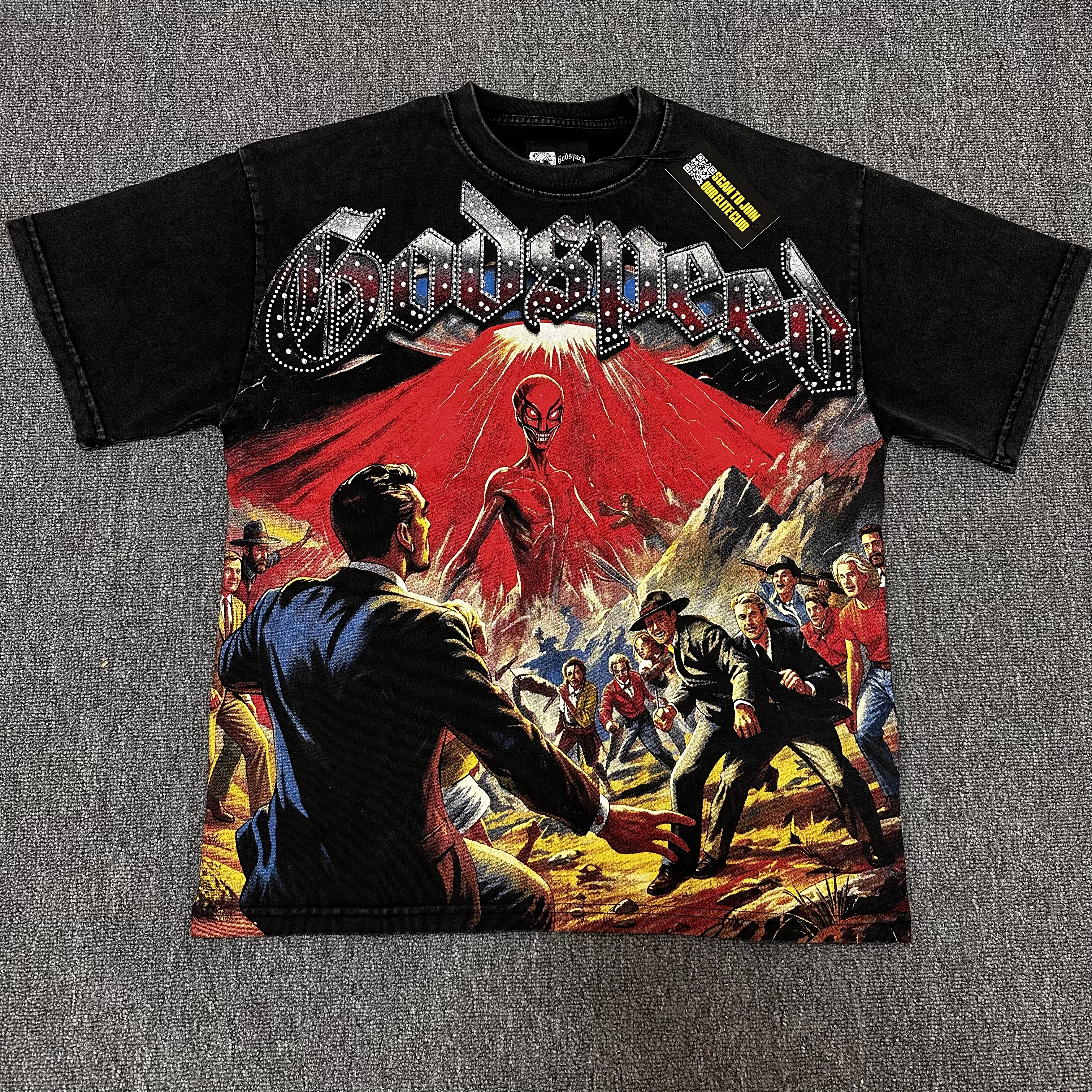 Black washed alien volcanic eruption printed short-sleeved shirt