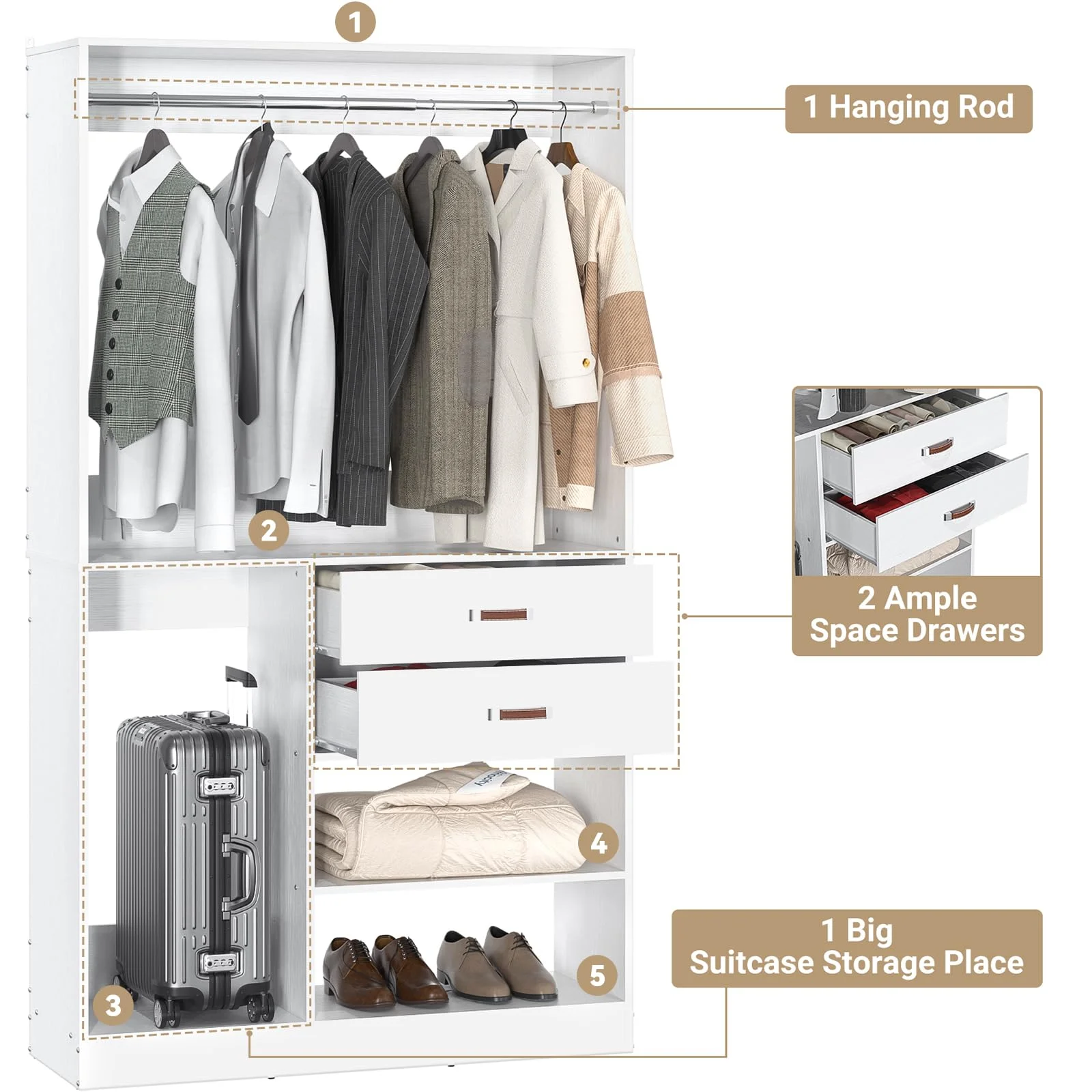 Homieasy Freestanding Closet System with Suitcase Storage, 40 Inches Stand-alone Wardrobe with 2 Wood Drawers, 80'' Height Adjustable Cloth Garment Rack, Walk-in Closet with Hanging Rod, White
