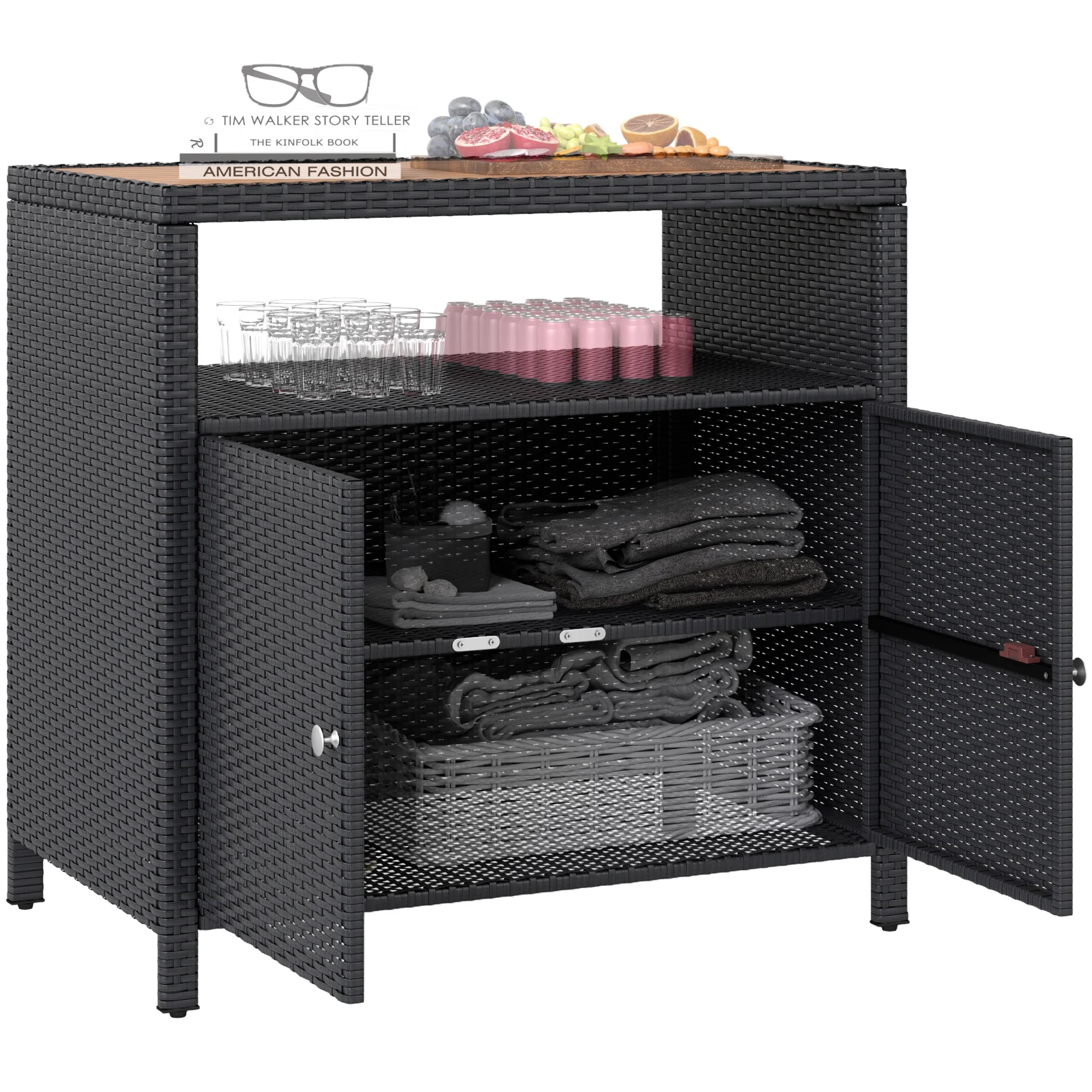 Outsunny Rattan Outdoor Storage Cabinet, Wicker Bar Table with Acacia Wood Countertop, Two Doors, Shelf, for Garden, Patio, Backyard, Black