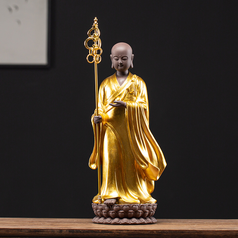 TIKTOK LIVE - Purple Clay Pottery Bodhisattva Statue Golden Robe Ornaments Zen Meaning in Home Decor Buddha Statue Sculpture