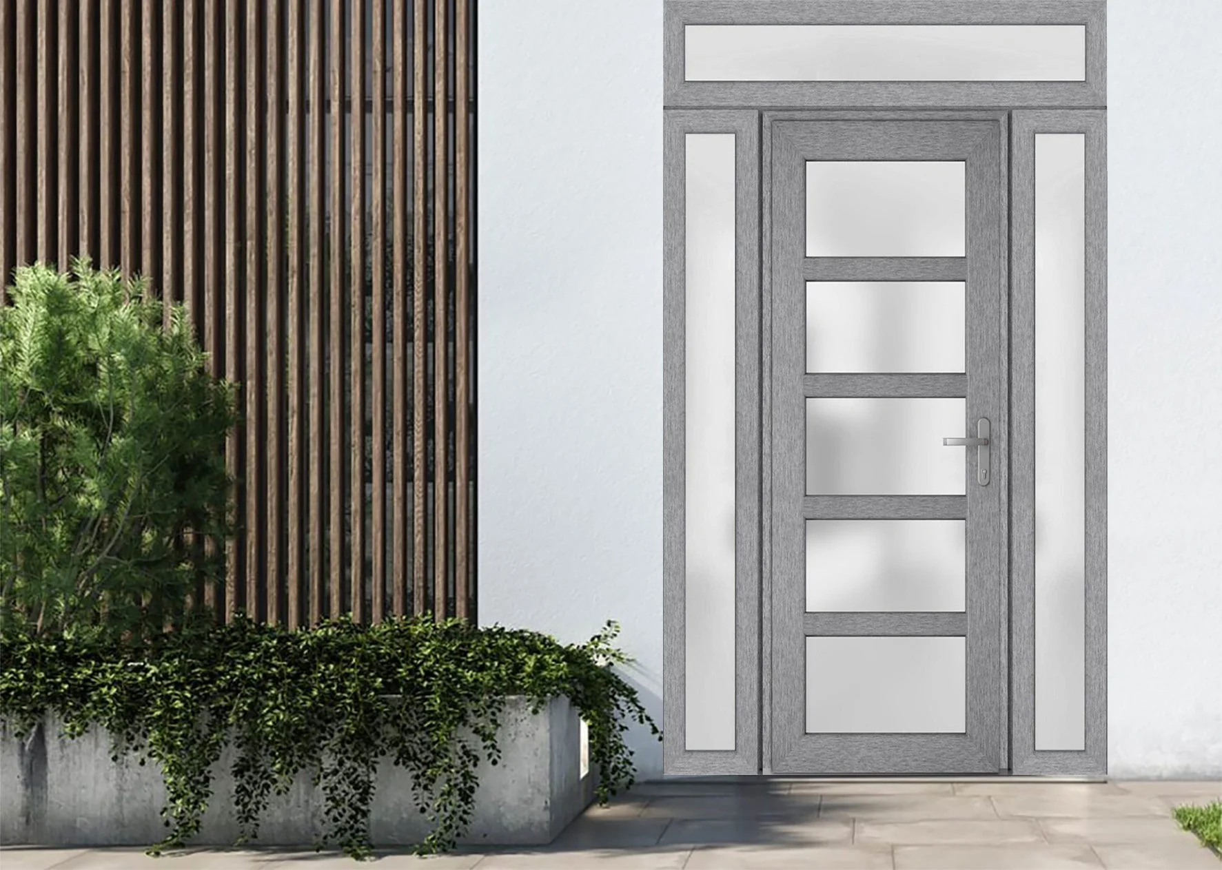 Front Exterior Prehung Metal-Plastic Door Frosted Glass / Manux 8002 Grey Ash / 2 Side and Top Window / Office Commercial and Residential Doors Entrance Patio Garage 60" x 94" Left-hand Inswing
