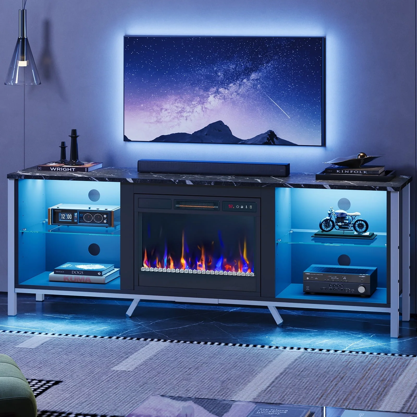 Bestier 70" Electric Fireplace TV Stand for TVs up to 80" LED Entertainment center with 23" Fireplace, Black Marble
