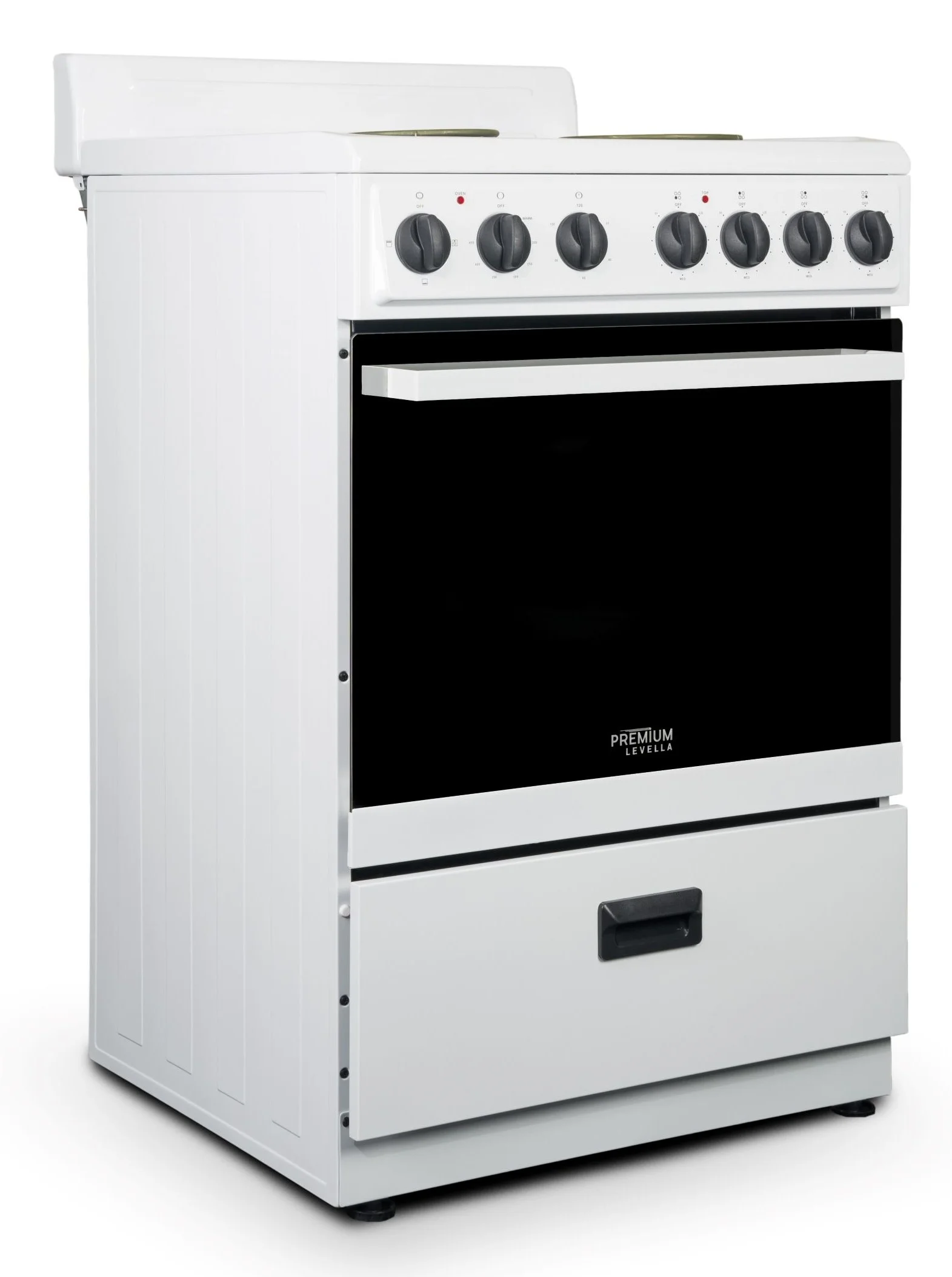 Premium Levella 24 in. 2.7 cu. ft. Single Oven Electric Range with 4 Burners and Storage Drawer in White