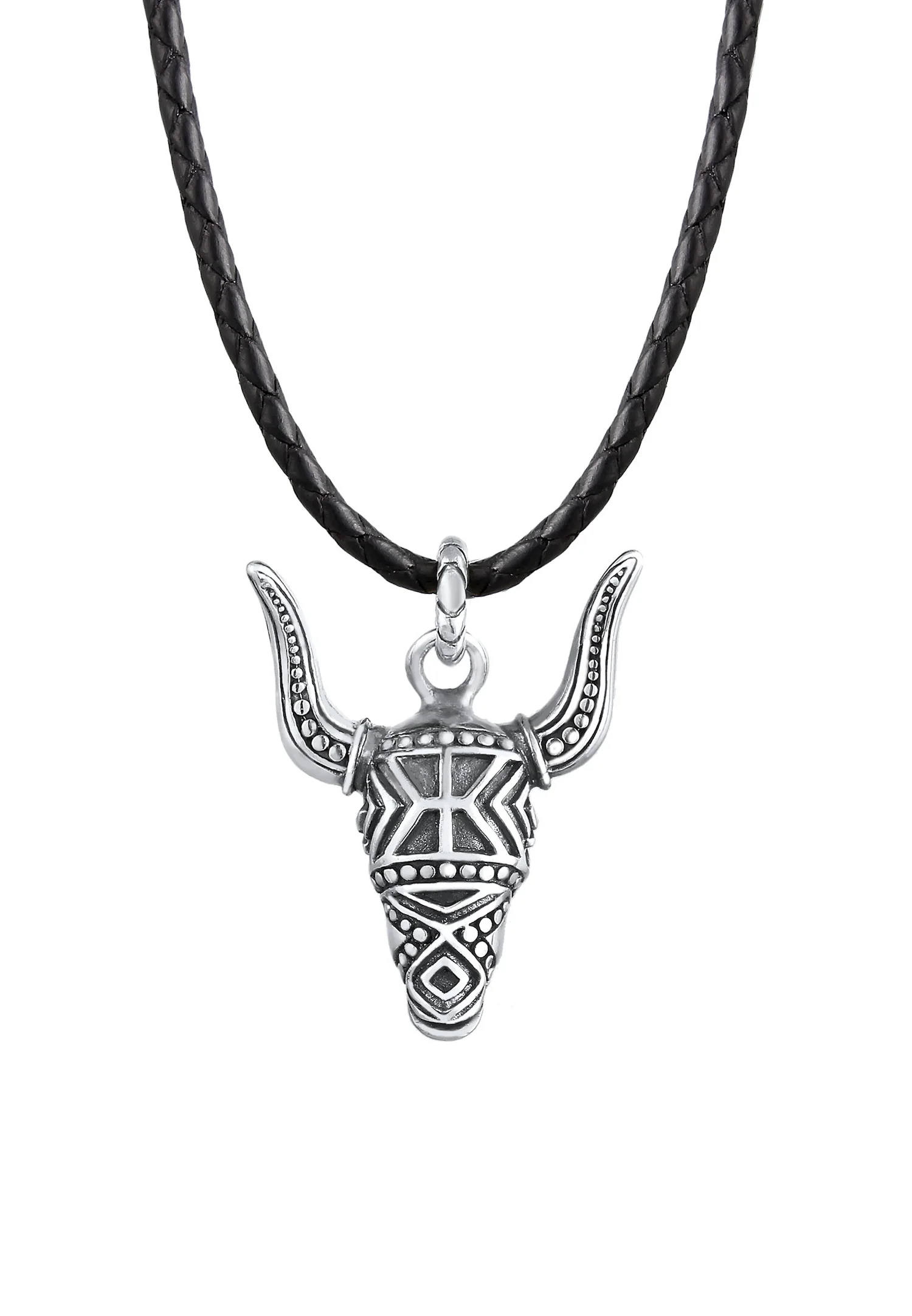 Herren Lederkette Stierkopf Oxidiert 925 Silber