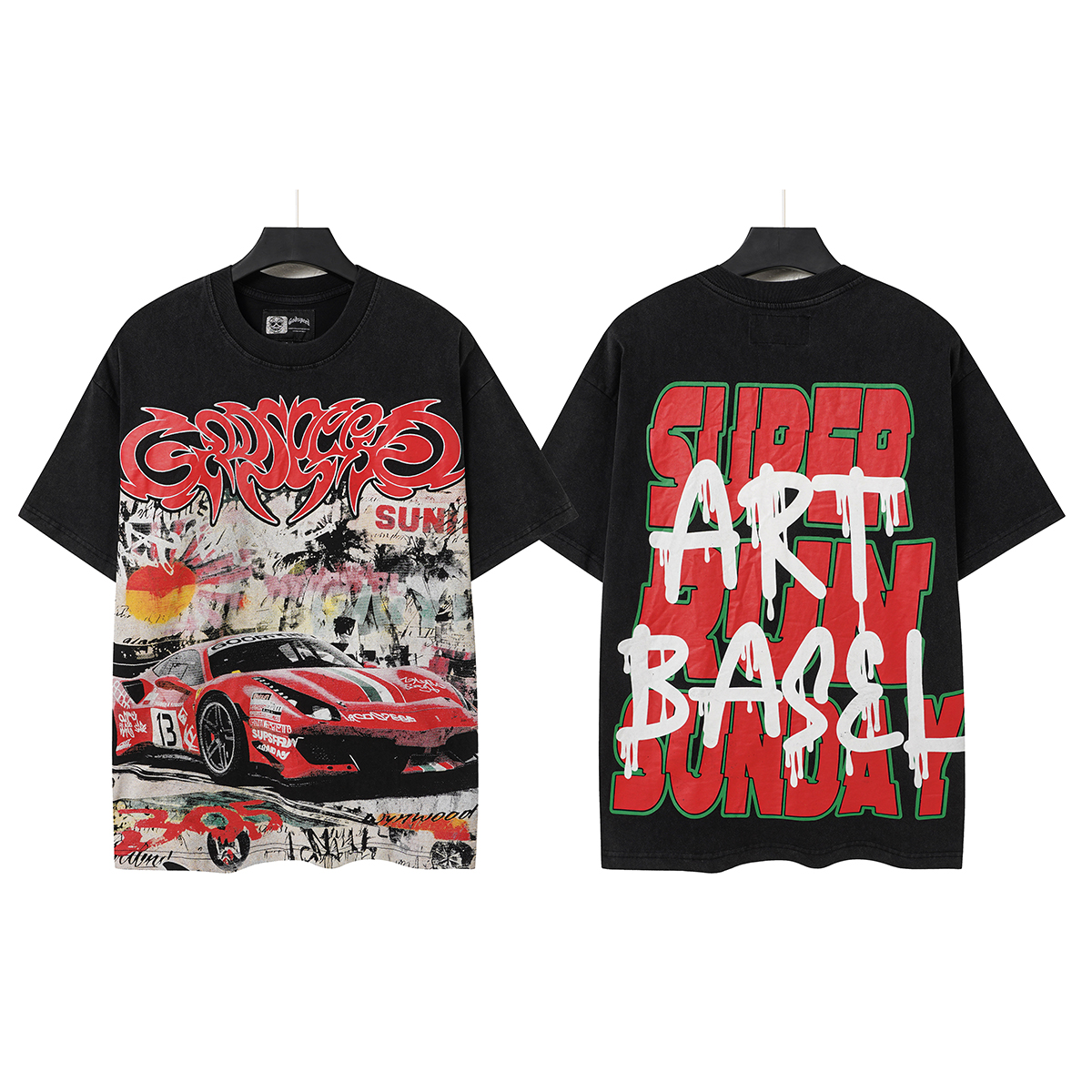 Cool racing street rock print short-sleeved shirt with red and black color matching