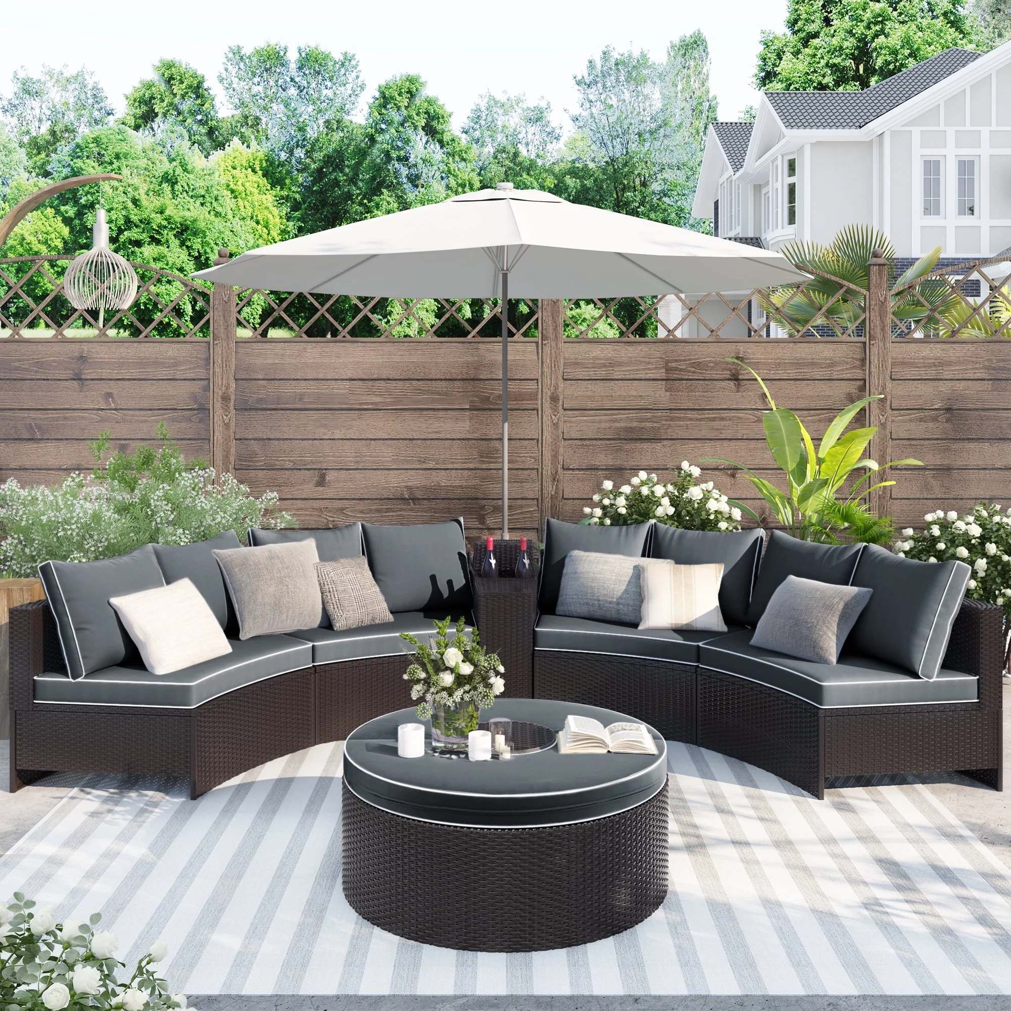 BTMWAY 6 Piece Outdoor Patio Sofa Furniture Set, BTMWAY PE Wicker Half Moon Outdoor Sectional Sofa Set with Side Table for Umbrella, Multifunctional Round Table, Gray Cushions, Pillows, Brown Rattan