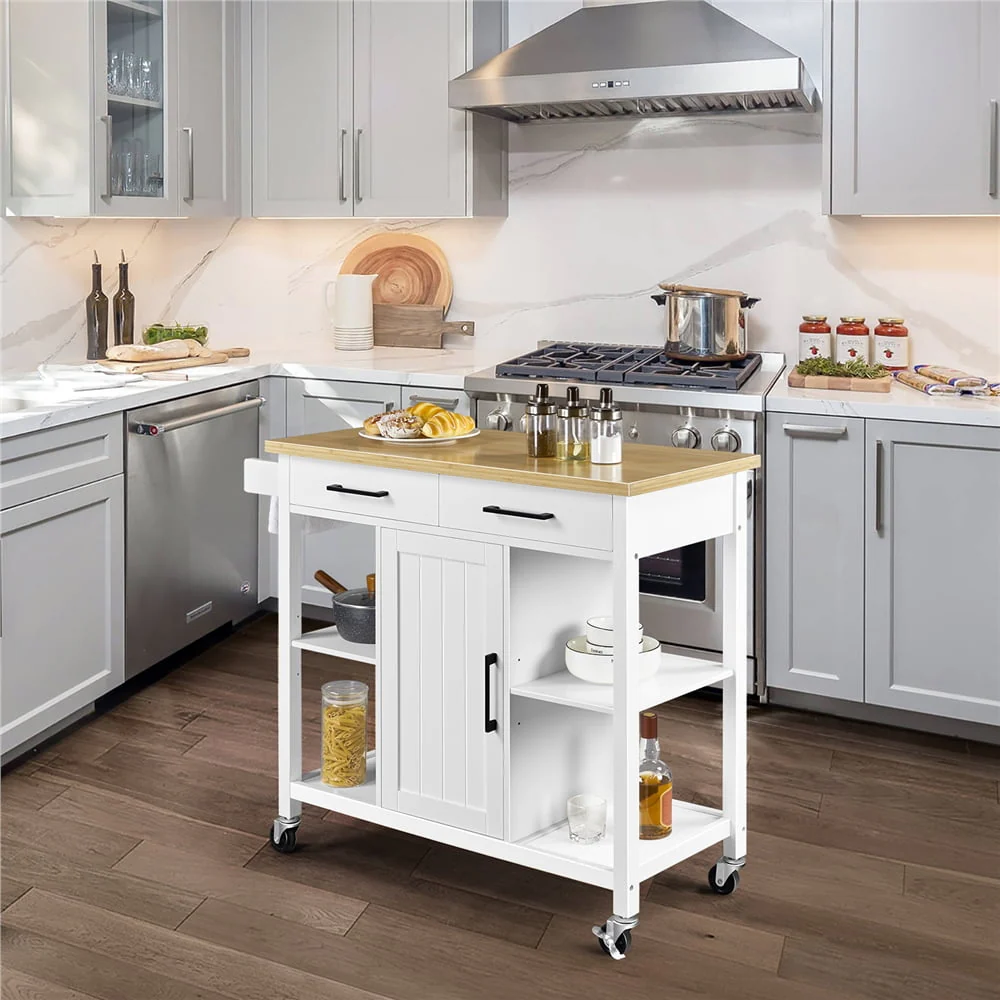 Easyfashion Mobile Kitchen Cart on Lockable Wheels With Storage, White