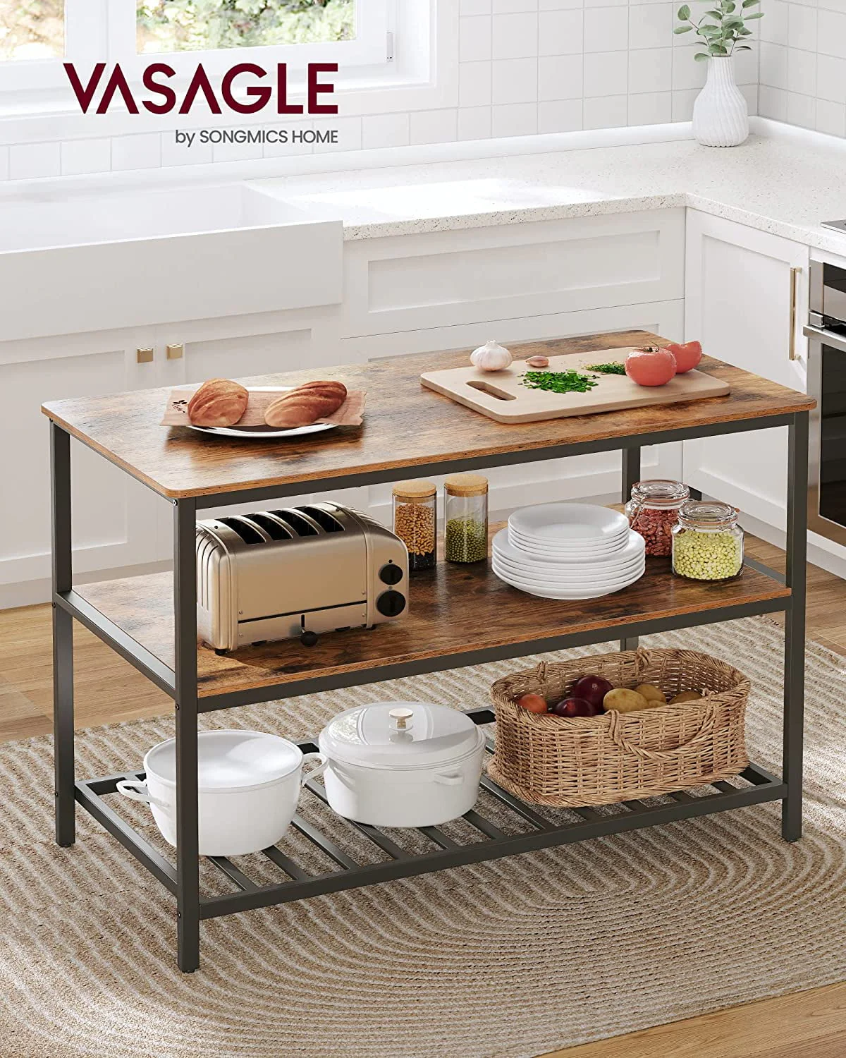 VASAGLE Kitchen Island with 3 Shelves Kitchen Storage Shelf Kitchen Baker’s Rack with Large Worktop