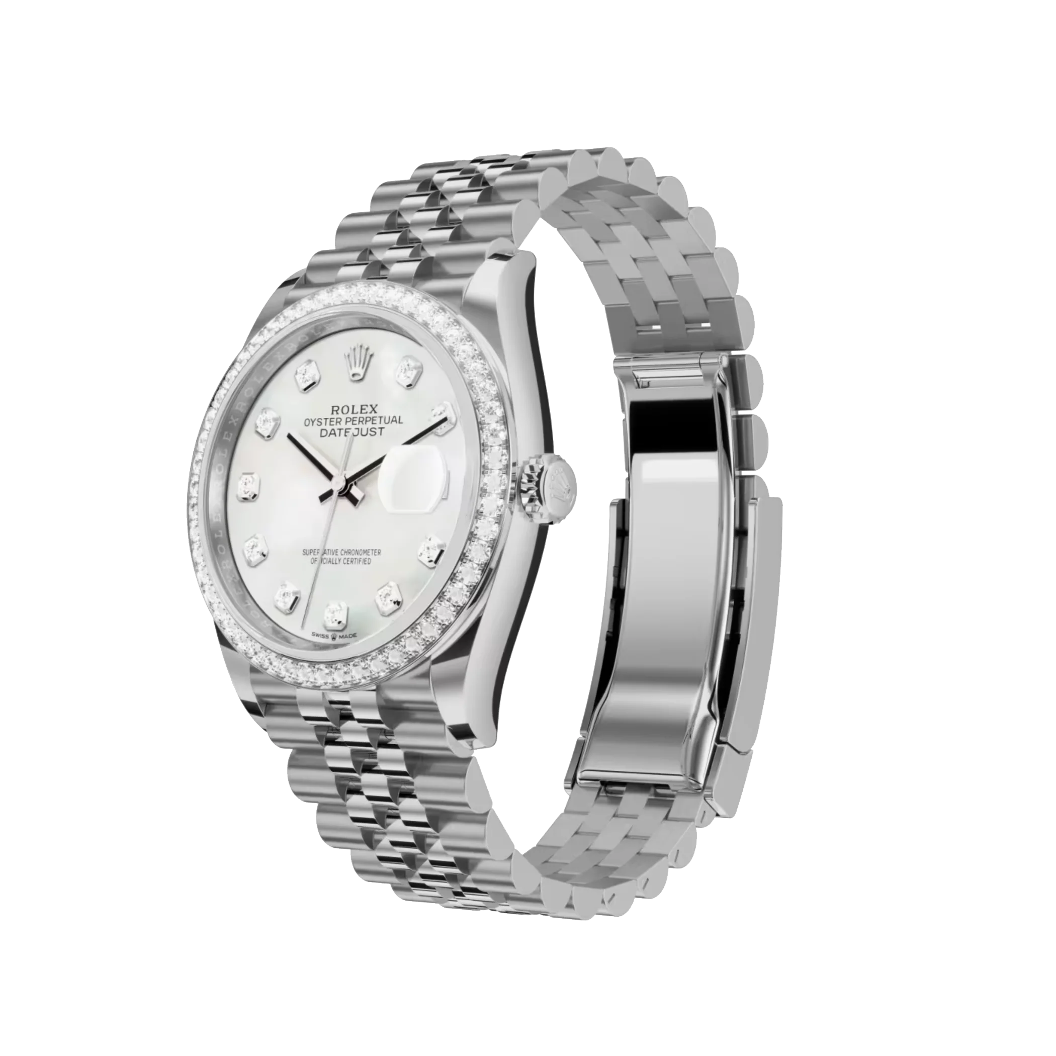 Rolex Datejust: White gold, white mother-of-pearl, diamond-set dial, Jubilee bracelet, m126284rbr-0011