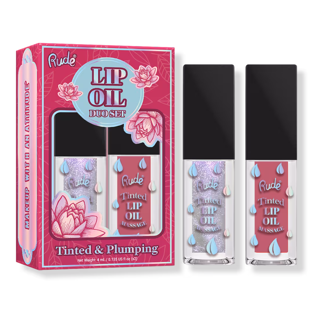 Rude  Lip Oil Massage Tinted & Plumping Lip Oil Duo Set