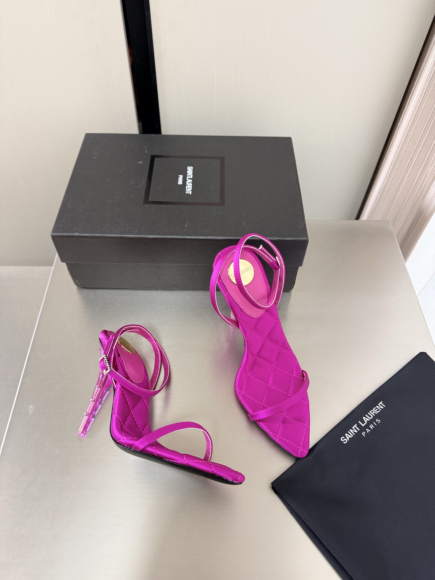 YSL Pointed Toe Strappy Diamond Quilted Insole Strass Embellished Stiletto Heel Slingback Sandals