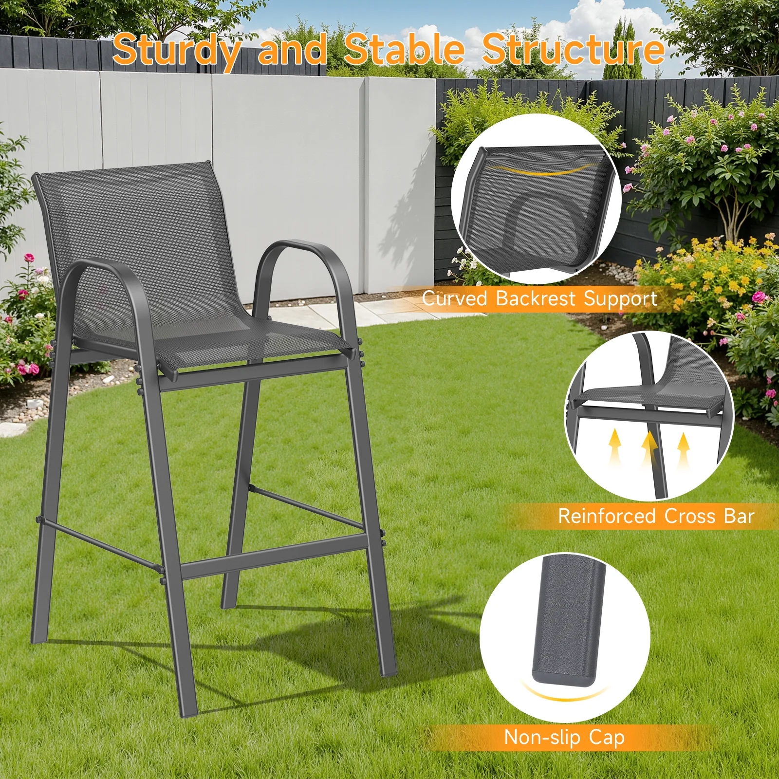Dovov Outdoor Bar Stools Set of 4, Patio Bar Height Stool Outdoor Textilene Bar Chairs All Weather Patio Barstools for Garden Poolside Backyard Balcony Porch Lawn Deck, Gray