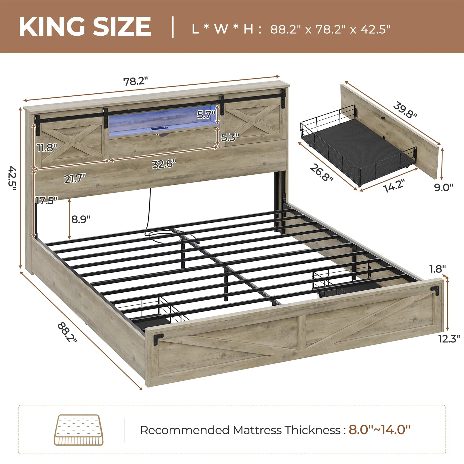 LED Bed Frame King Size with LED Lights and Charging Station, Farmhouse King Storage Platform Bed Frame with Headboard and Drawers, No Box Spring Needed, Gray