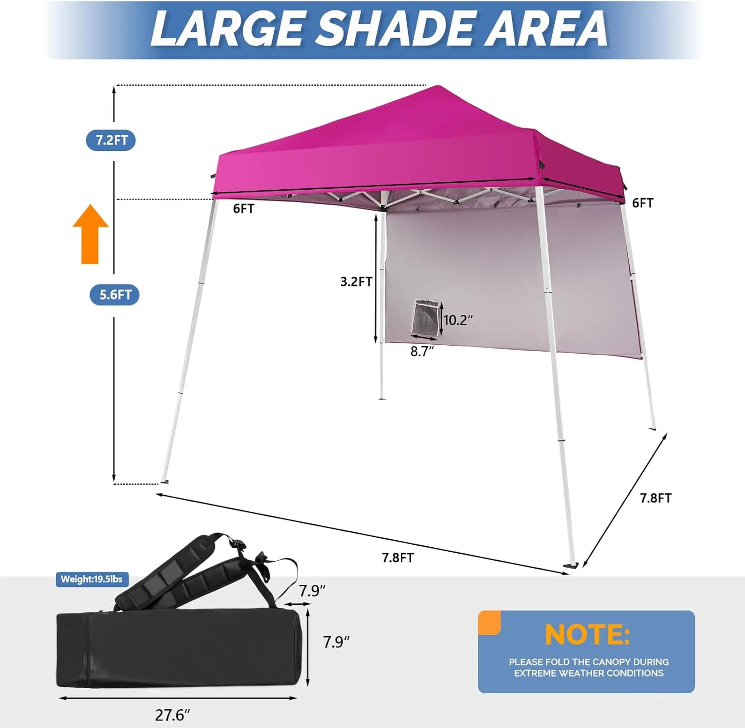 EIGHTNINE 6x6 ft Pop Up Canopy Tent, Outdoor Small Canopy Tent with Backpack, Patio Pop Up Gazebo Slant Leg Canopy with 1 Sidewall, Portable Easy Up Canopy (Pink)