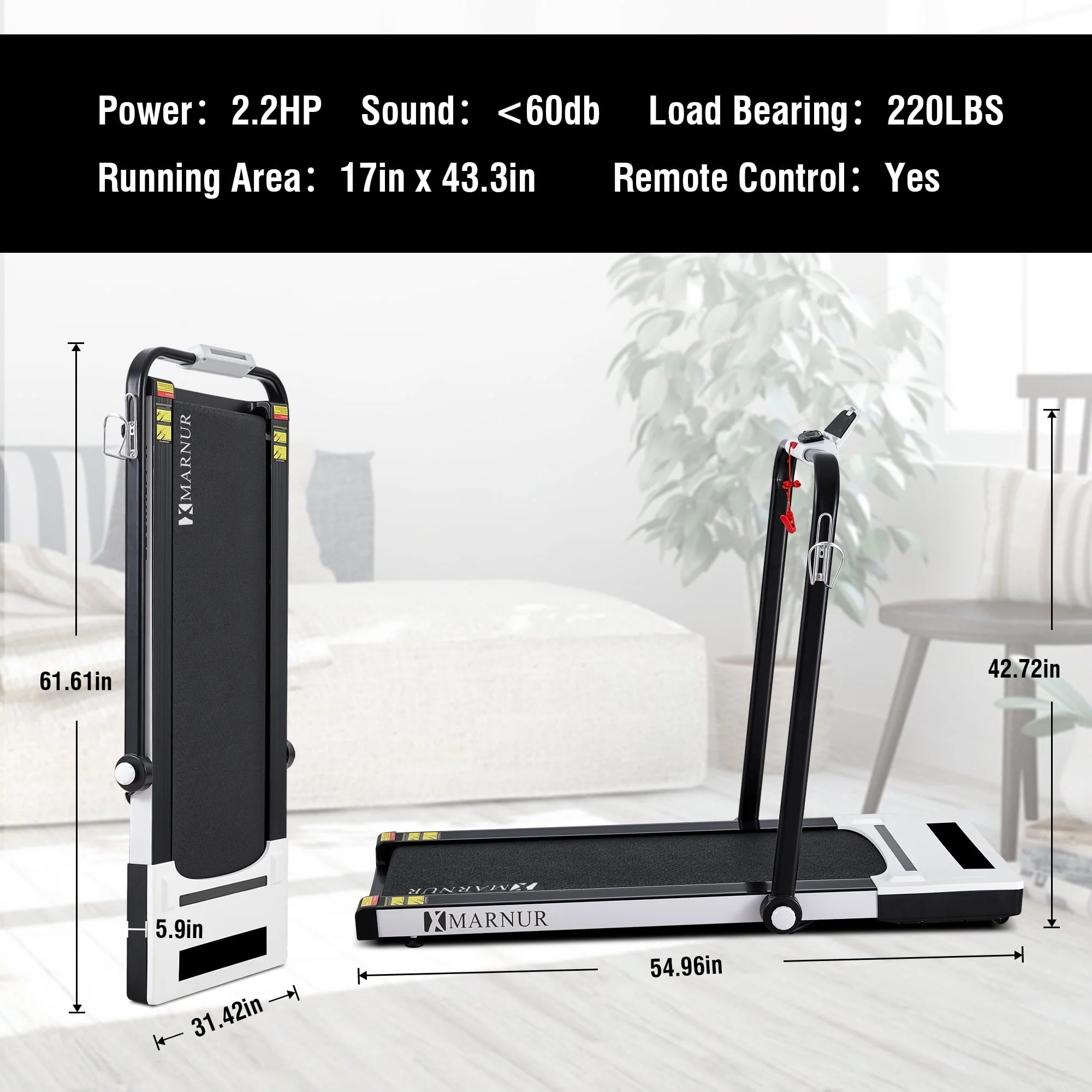 MARNUR 2 in 1 Folding Treadmill 2.2HP Under Desk Treadmill for Fitness with LED Display, Remote Control, Walking Jogging Running Exercise Machine for Home Office, Maximum Weight 220 lbs