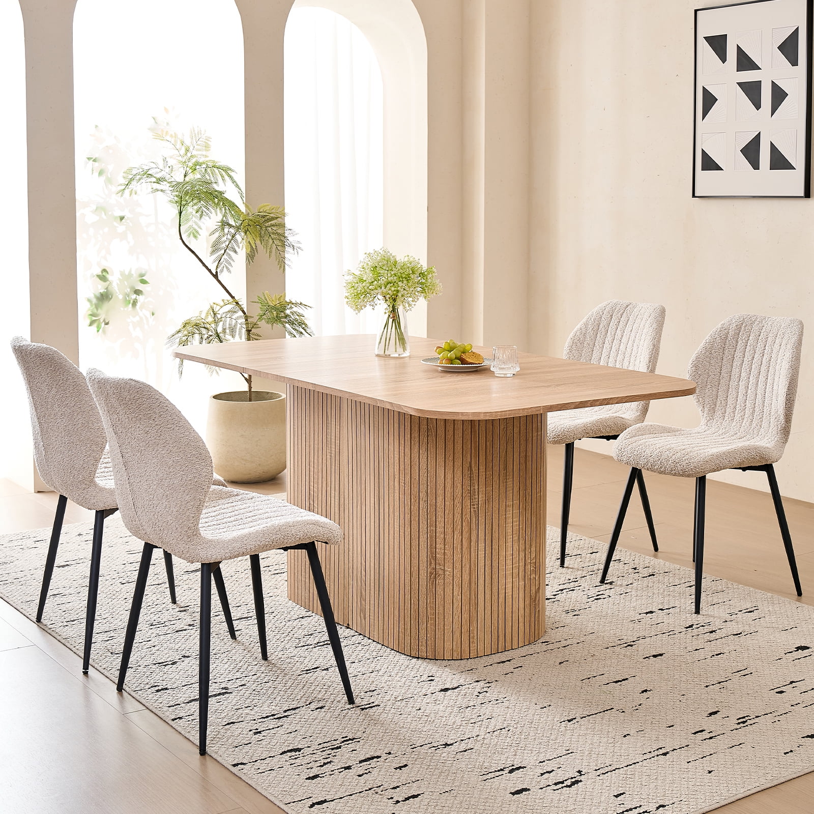 63" Dining Room Table Set for 4, Rectangle Modern Farmhouse Kitchen Table Rounded Corners with Boucle Chairs Set of 4