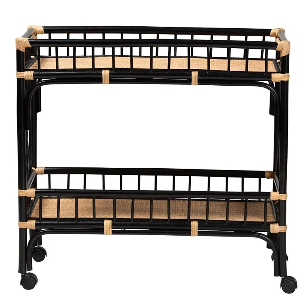 Pemberly Row Two-Tone Black and Natural Brown Rattan 2-Tier Kitchen Cart