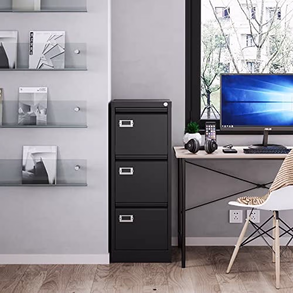 Metal Vertical File Storage Cabinet, 3 Drawer File Cabinet with Lock, 18" Deep Vertical Filing Cabinets for A4 Legal/Letter Size, Assembly Required (3 Drawer - White)