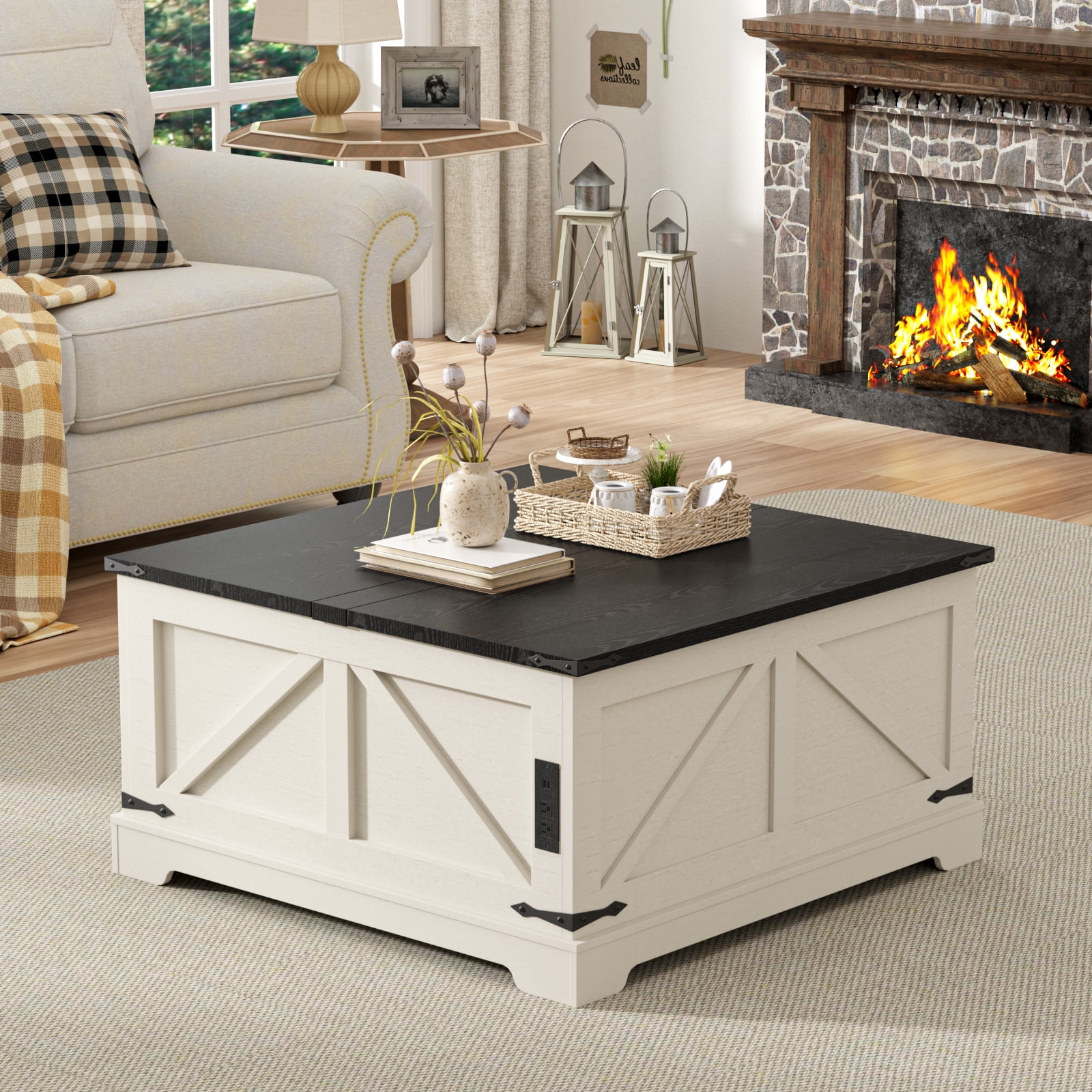 VEANERWOOD 31.5" Farmhouse Lift Top Coffee Table with Storage,Wood Square Center Table with Charging Station
