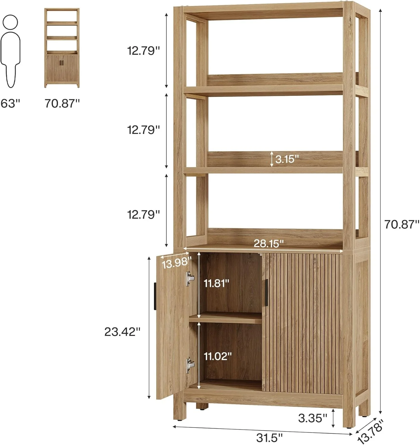 Fimind 70.9" Tall Bookshelf, Wood Bookcase with Shelf and Door Cabinet for Living Room, Rustic Brown