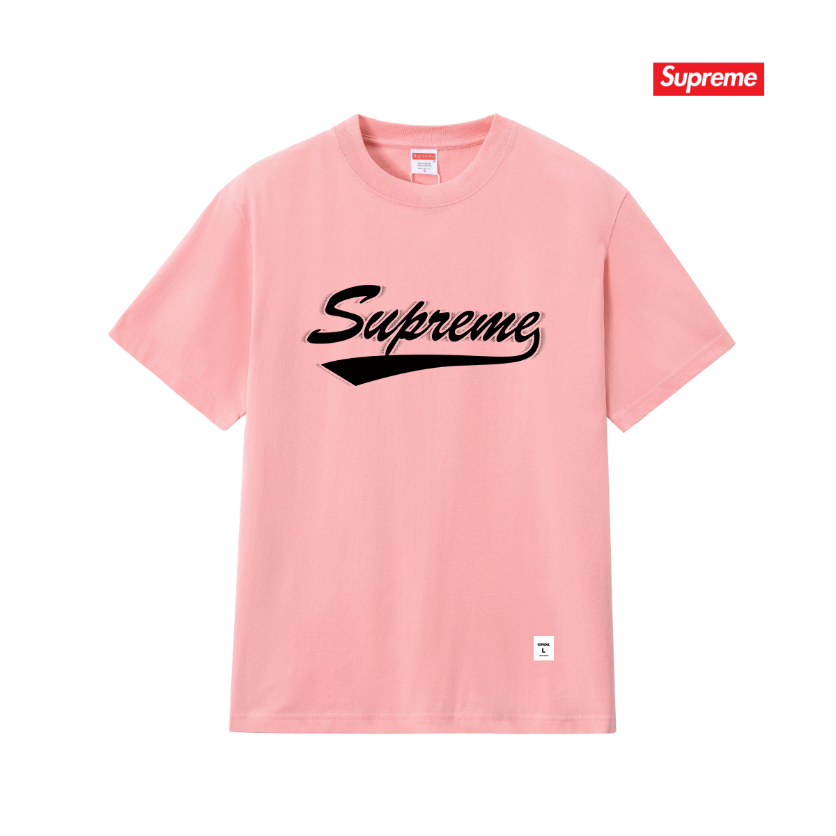 Pink base color, continuous logo print, short-sleeved T-shirt