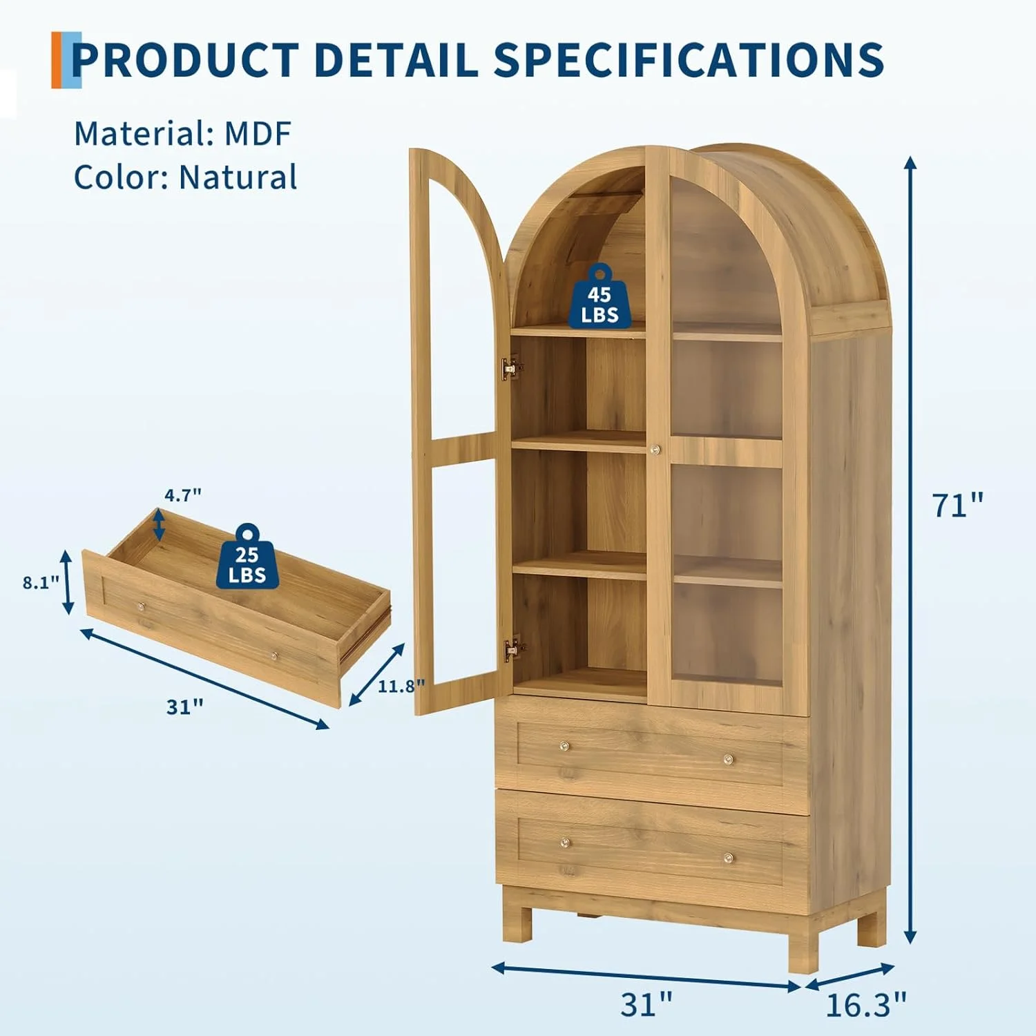 Garvee 71" Tall Arched Storage Cabinet with Acrylic Doors, Modern Wooden Pantry Cabinet with 2 Drawers & Adjustable Shelves, Versatile Kitchen Cupboard, Living Room Storage