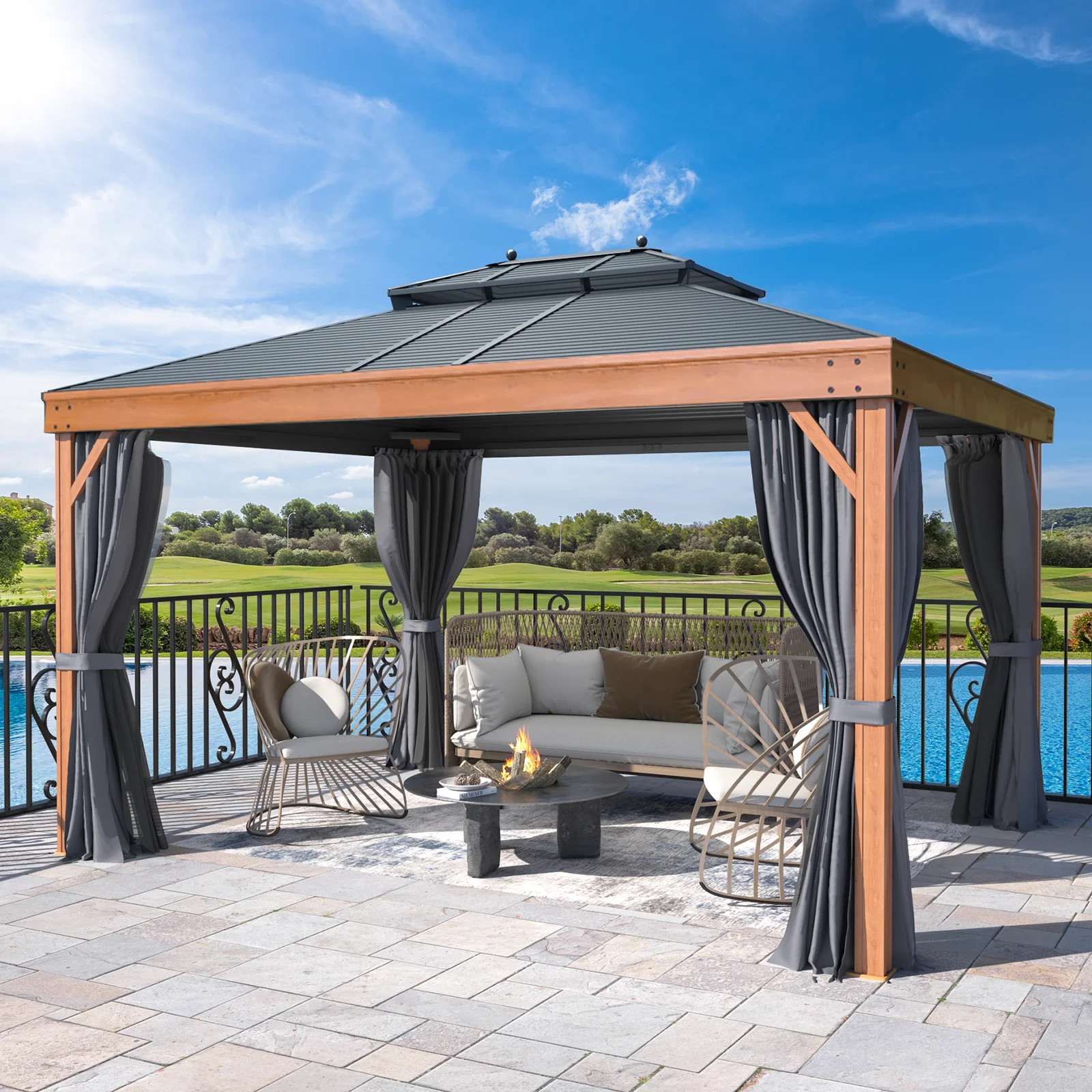 Mellcom 10' X 13' Hardtop Gazebo Metal Gazebo with Galvanized Steel Double Roof for Backyard, Patio, Lawns