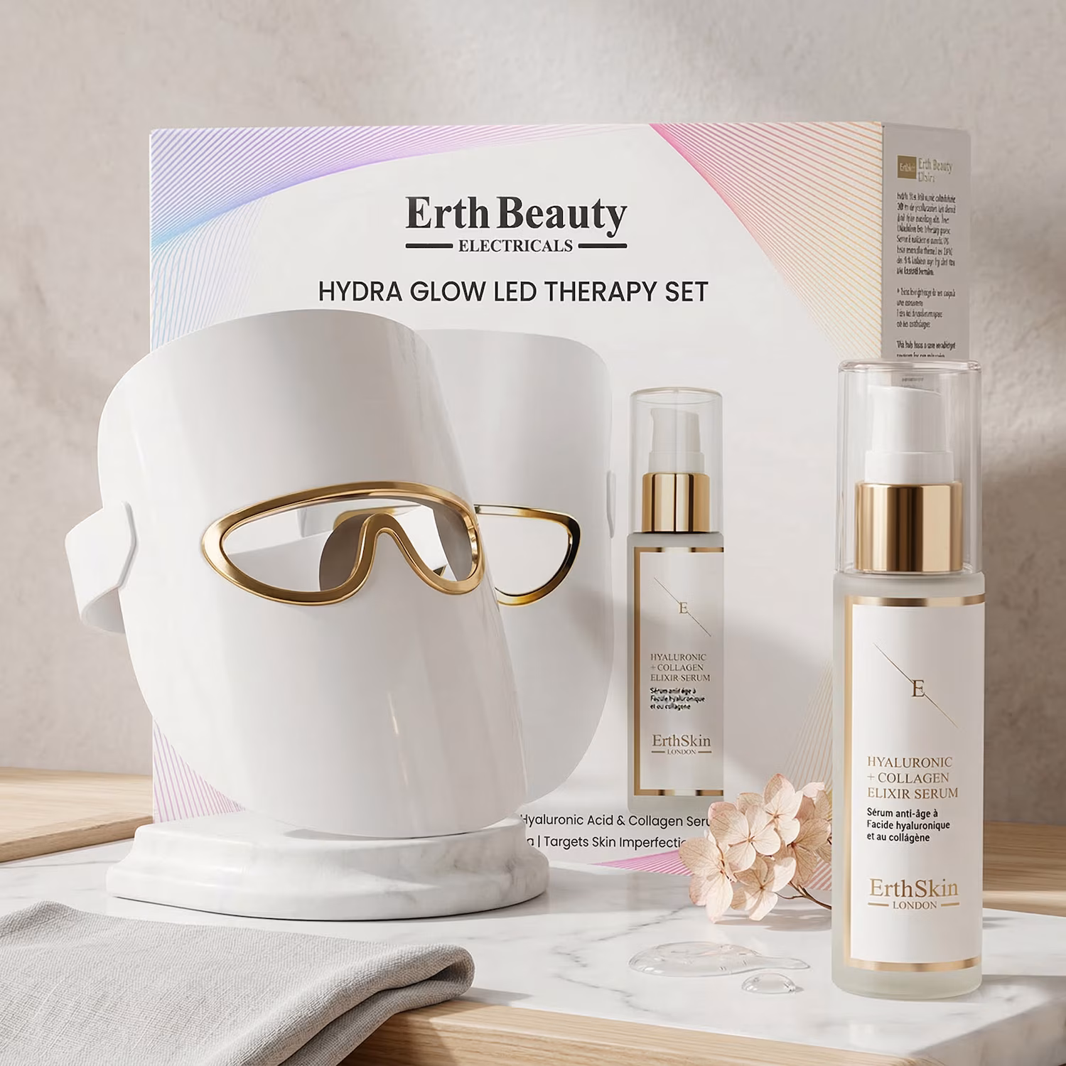 Hydra Glow LED Therapie Set (LED-Lichttherapie-Maske Weiß mit HA-Serum)