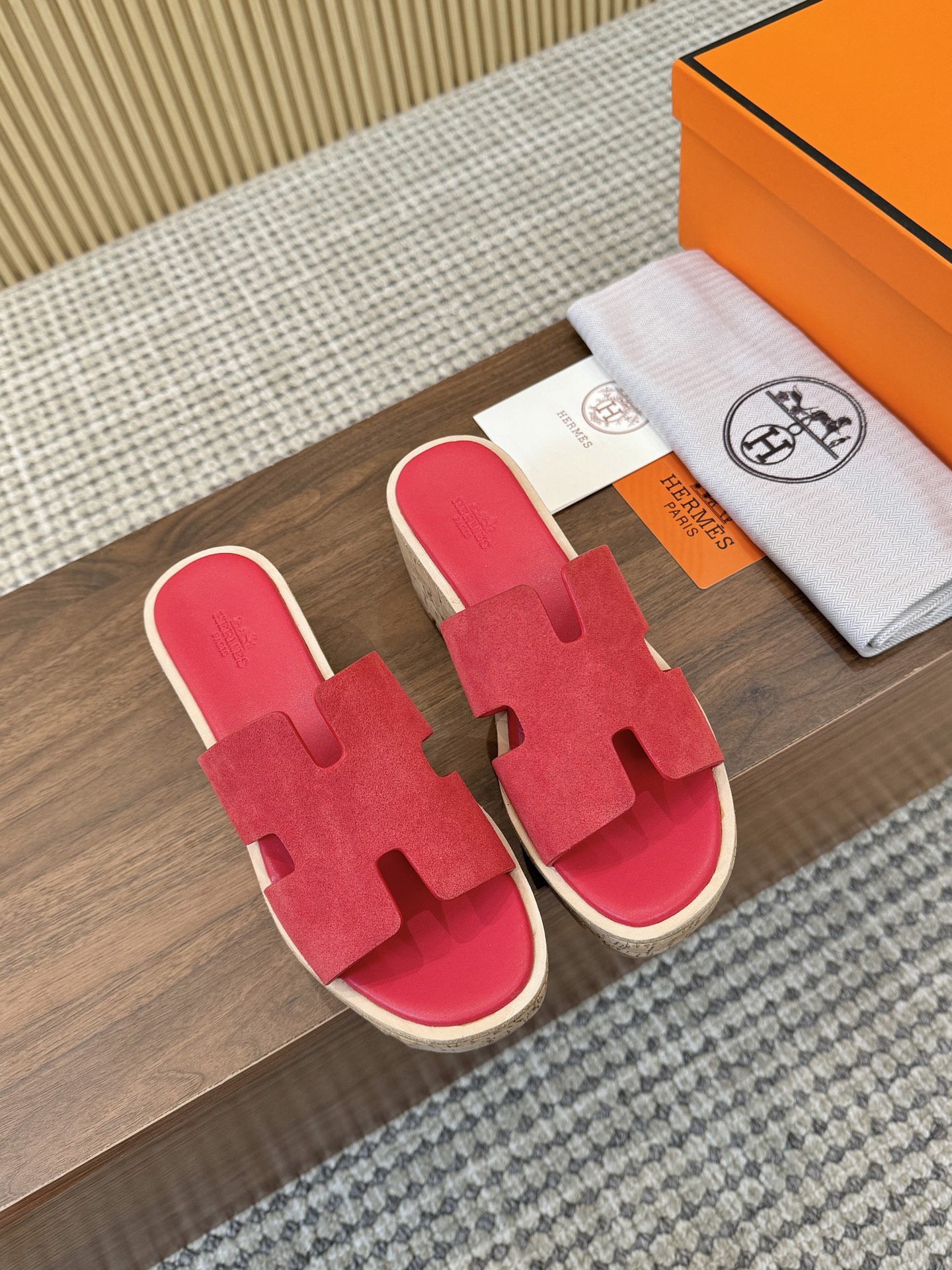 Hermes Red Suede Leather H-Cutout Cork Sole Slide Sandal