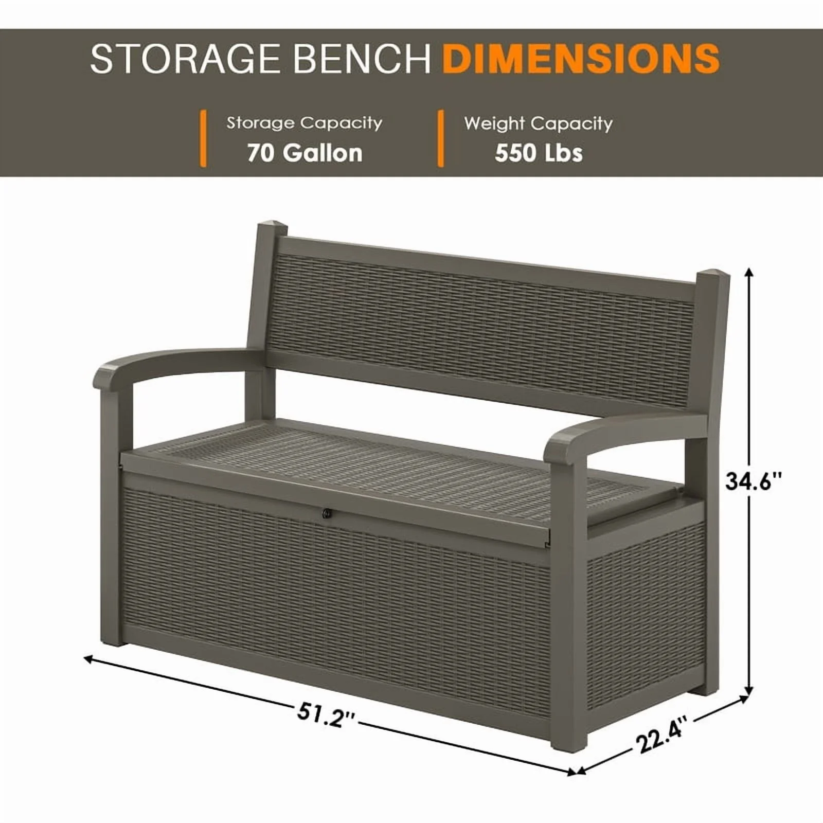 Bifanuo 70 Gallon Storage Bench Deck Box for Patio Furniture with Armrest Bench Outdoor Storage Water-Resistant Deck Box for Garden Tools,Pool Storage and Outdoor Cushions,Grey