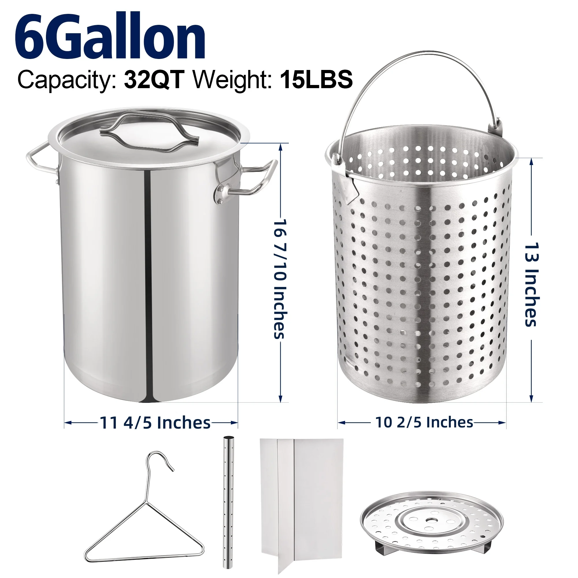 32QT Stainless Steel Pot with 200,000 BTU Propane Burner - Seafood Boil Pot, Crab Boil Pot, Lobster Pot, Shrimp Boil Pot, Tamale Steamer Pot with Basket and Turkey Fryer Burner