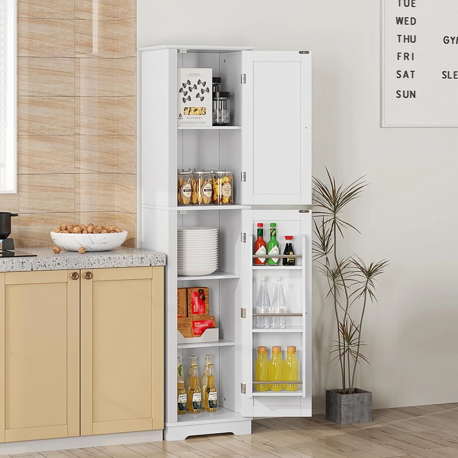 HOMEFORT Narrow Storage Cabinet, Tall Slim Freestanding Double Tier Floor Linen Cabinet with 2 Doors 5 Tier Shelves & 3-Layer Door Shelf (White)