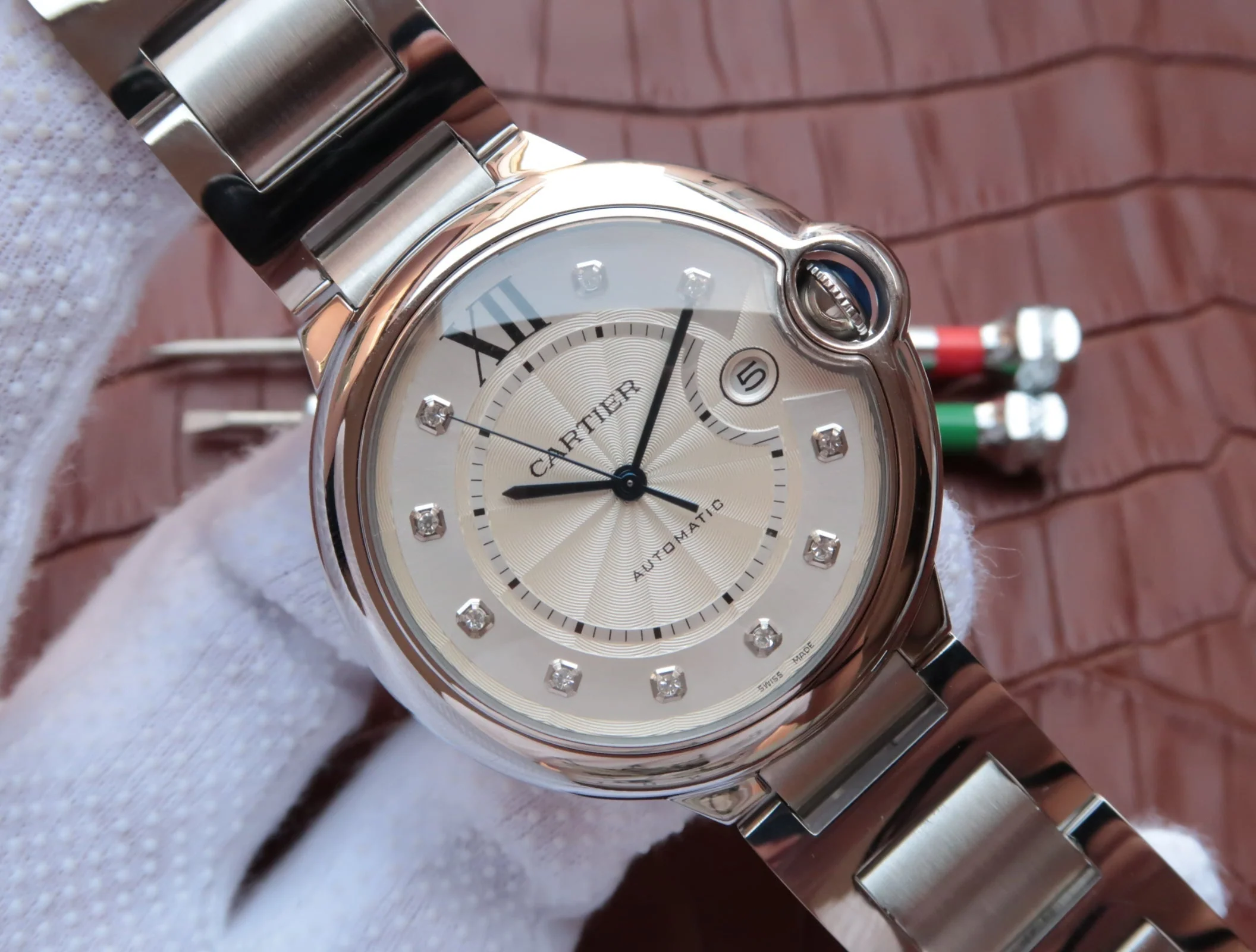 Cartier Watch BALLON BLEU DATE 42 SILVER DIAL DIAMOND NUMERALS