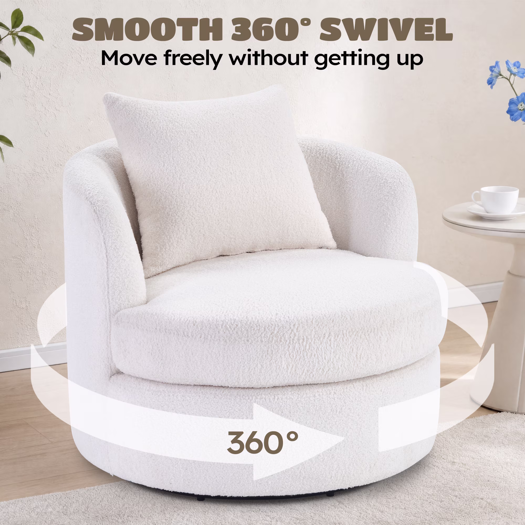 Ebello Swivel Accent Chair, 360° Round Swivel Barrel Chair with Pillow, Widened Upholstered, Lamb Wool Fabric Detachable Cushion for Living Room, White