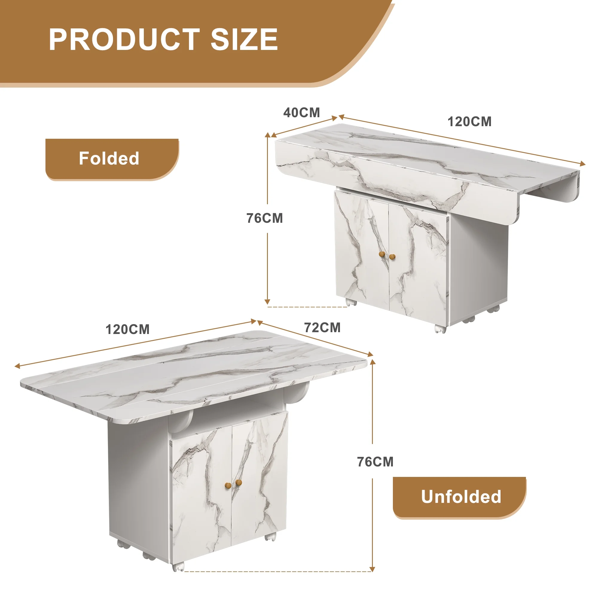 UBesGoo 47" Wooden Folding Dining Table with Storage Shelves and Cabinets, Removable Entryway Table with 6 Wheels, White Marble Kitchen Island, Side Table and Coffee Table, Space Saving