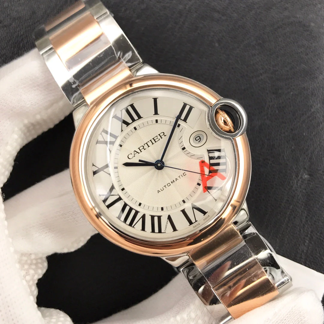 Cartier Watch BALLON BLEU DATE 42 TWO TONE PINK GOLD SILVER WHITE DIAL