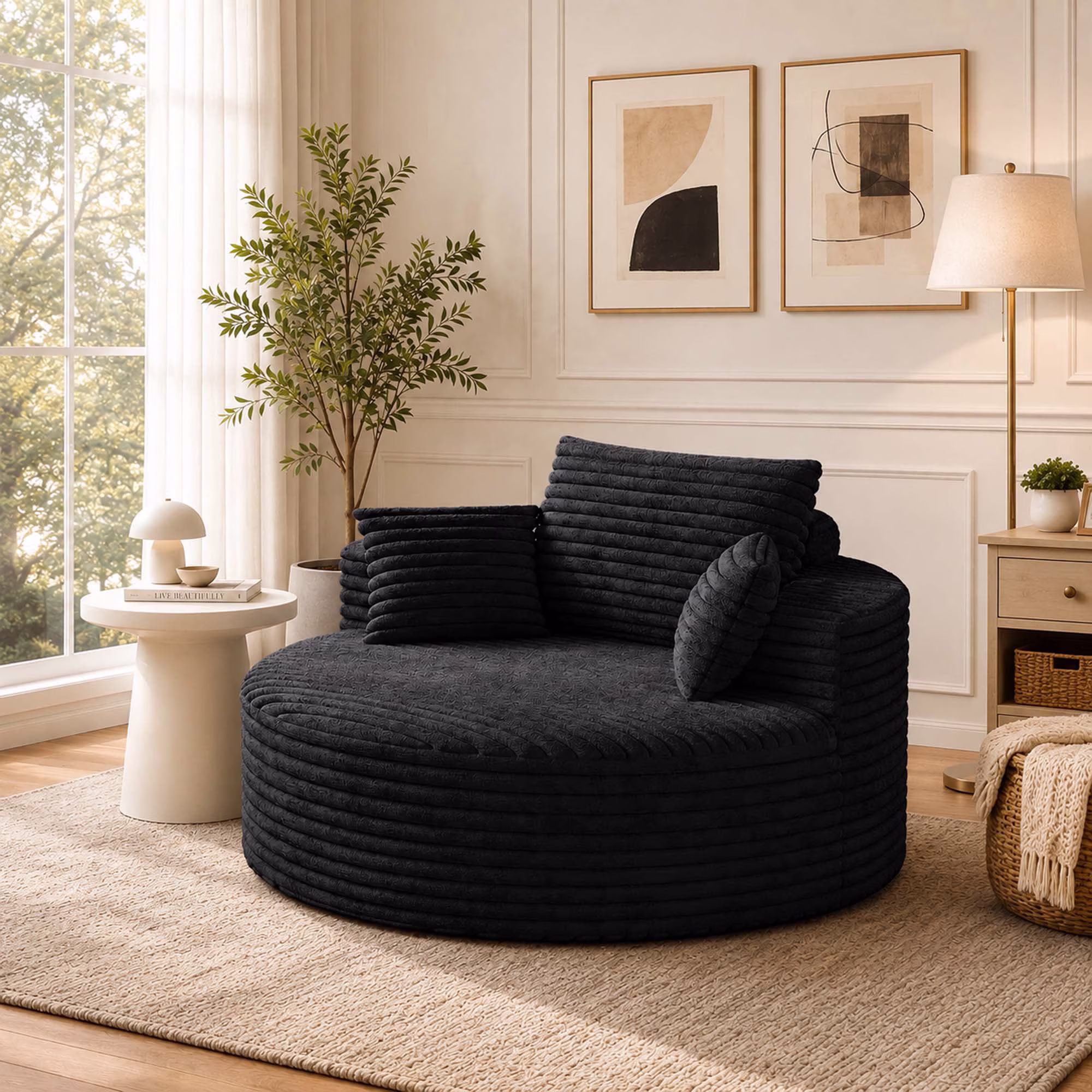 50" Oversized Round Lounge Chair, Corduroy boneless chaise lounge with 2 Pillows, No Assembly Required, Gray