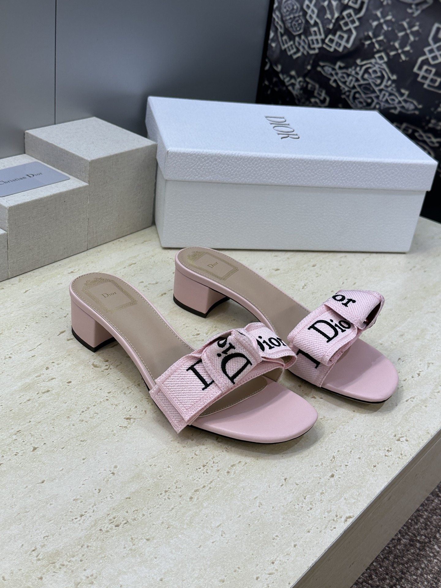 Dior Logo-Print Bow Block-Heel Mules