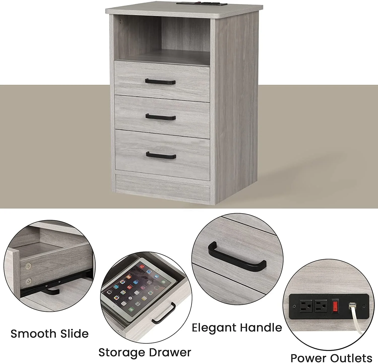 Nightstand with USB Port and 3 Drawers, Bedroom End Table, Grey