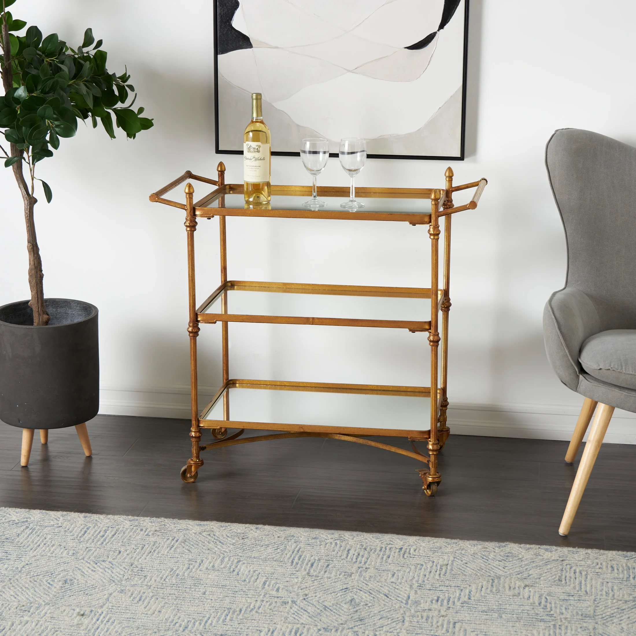 DecMode 35" x 33" Brass Metal Rolling 3 Shelf Bar Cart with Handles, 1-Piece
