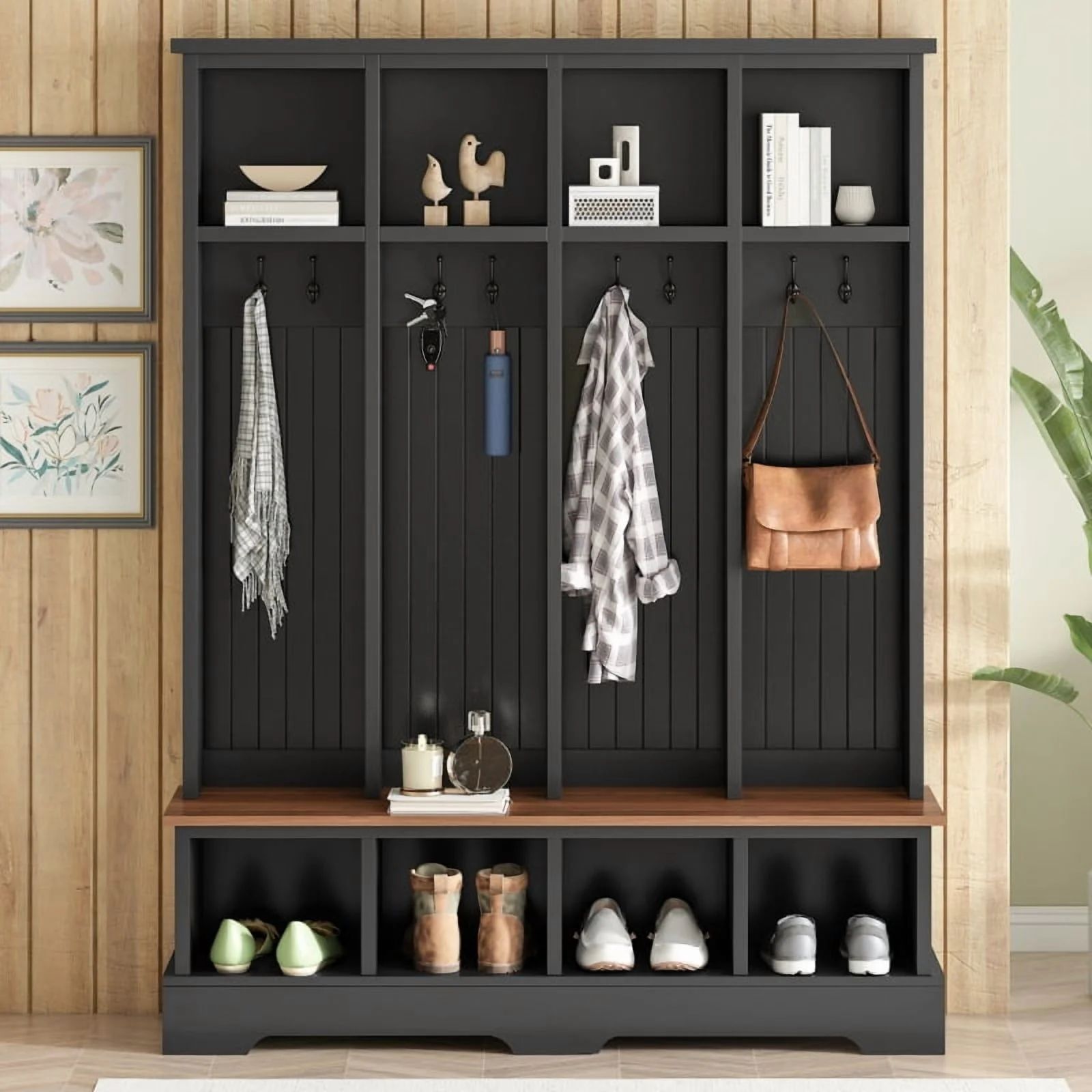 Farmhouse 59"W Wide Hall Tree with 8 Hooks, Practical Entryway Bench with Open Compartments, 76.7"H Modern 3-in-1 Wooden Style Coat and Shoe Rack for Mudroom, Living Room, Black