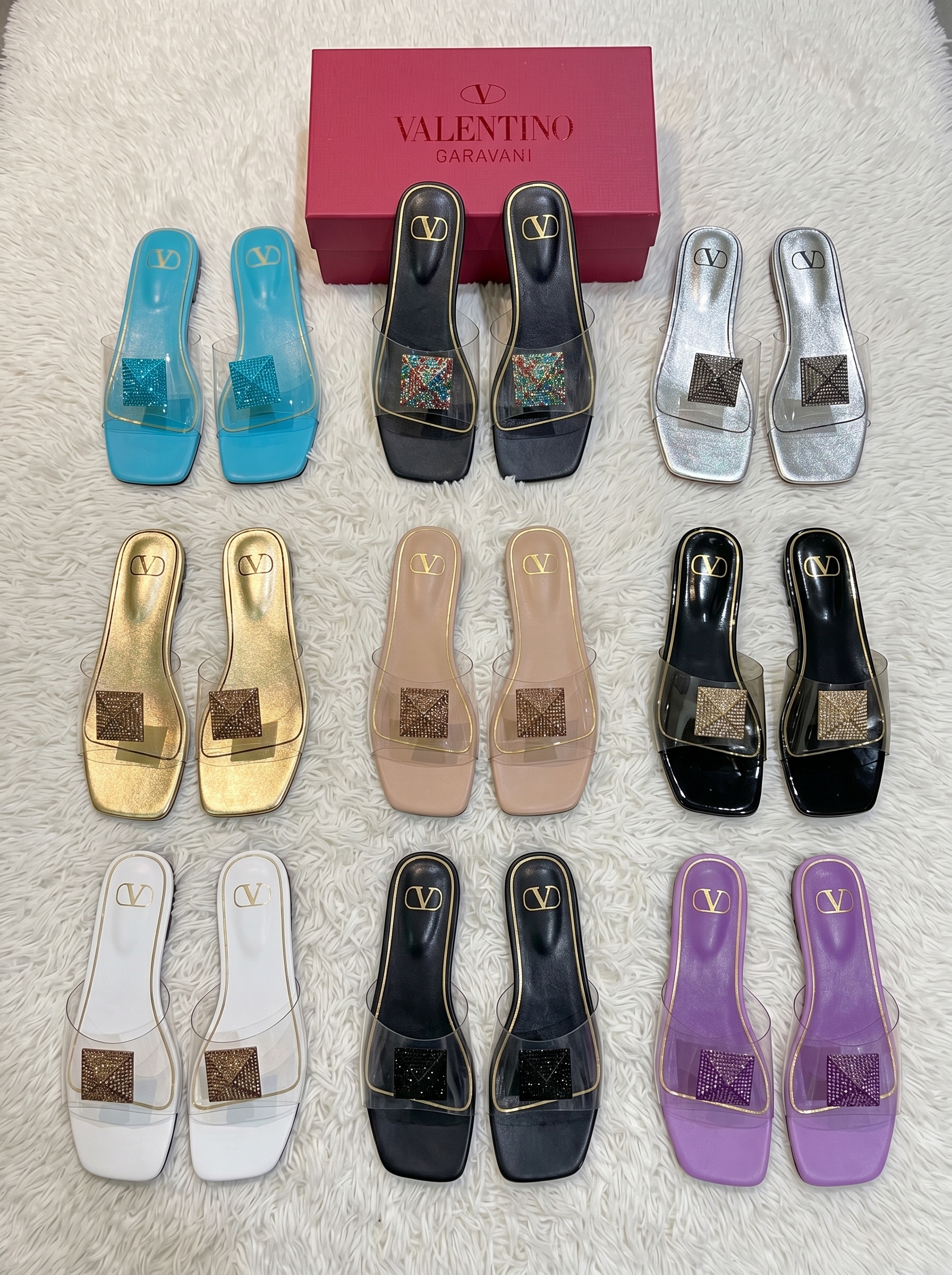 Valentino Rockstud Spike Leather Square Crystal Stud Clear PVC Jelly Strap Square-toe Flat Slippers