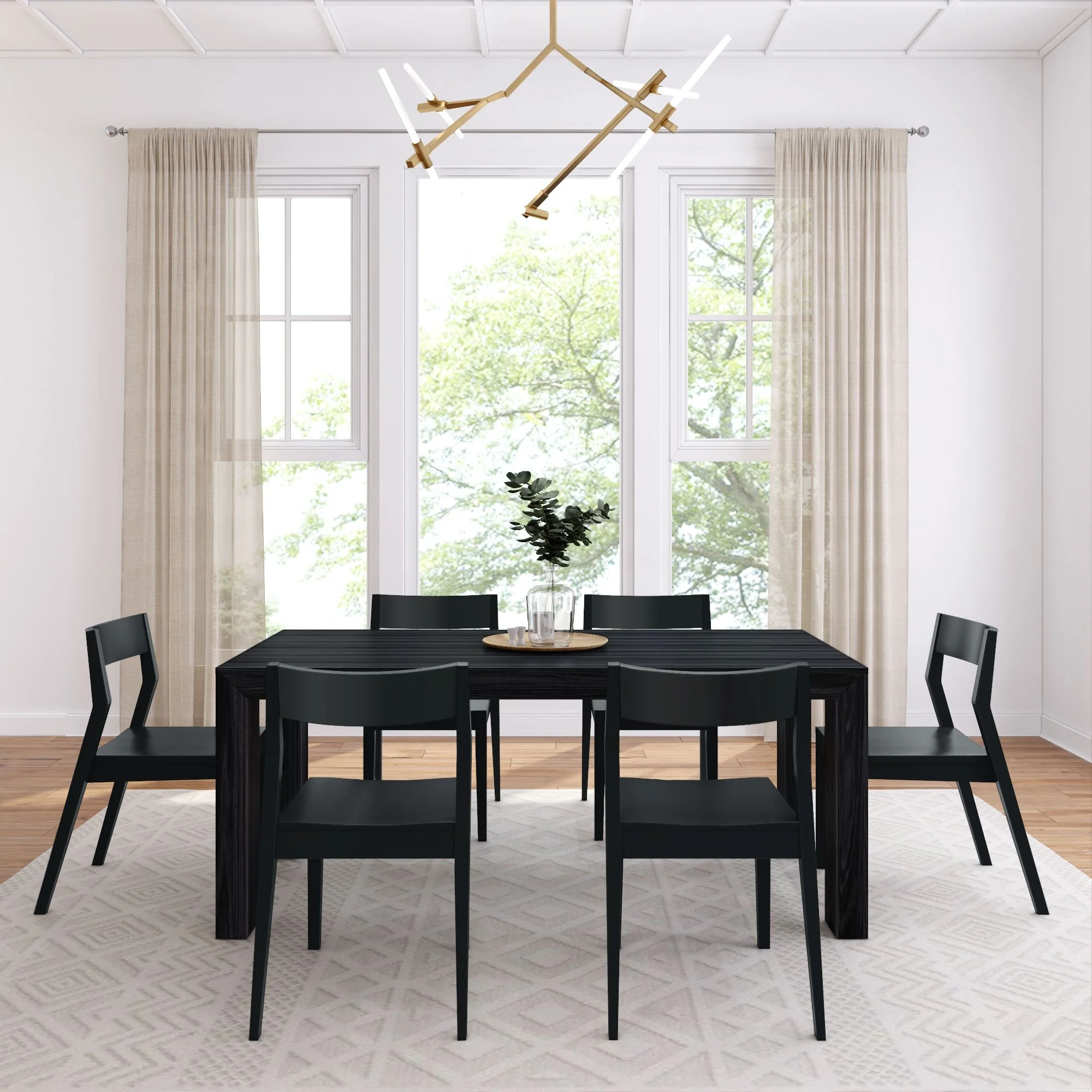 Plank+Beam 72" Modern Solid Wood Dining Table Set, Black Wirebrush, + 6 Chairs Black
